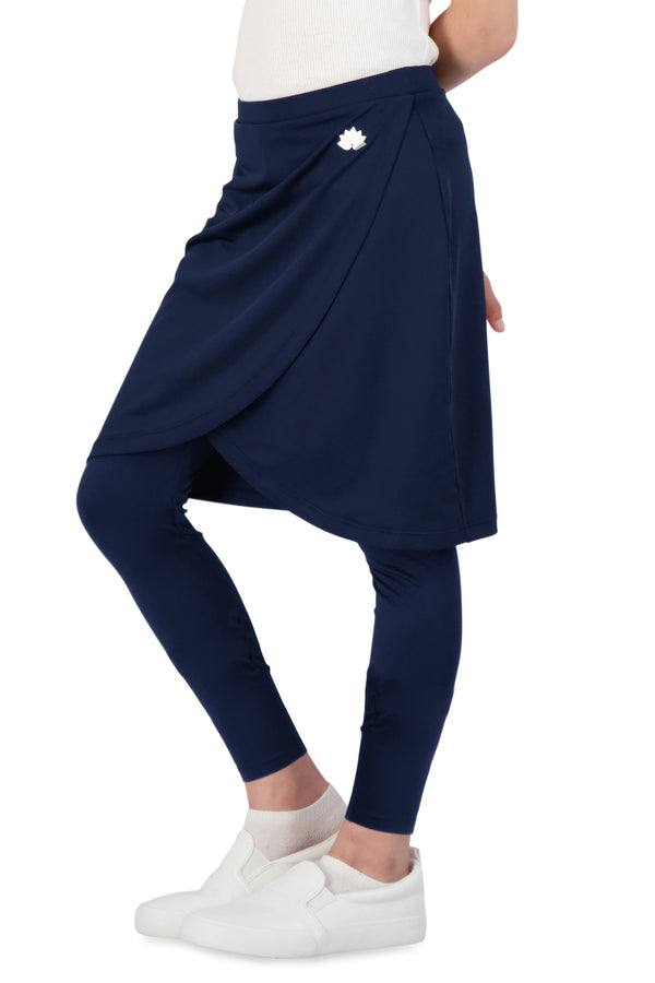 Snoga Athletics navy modest skirt leggings for women, side view, casual activewear