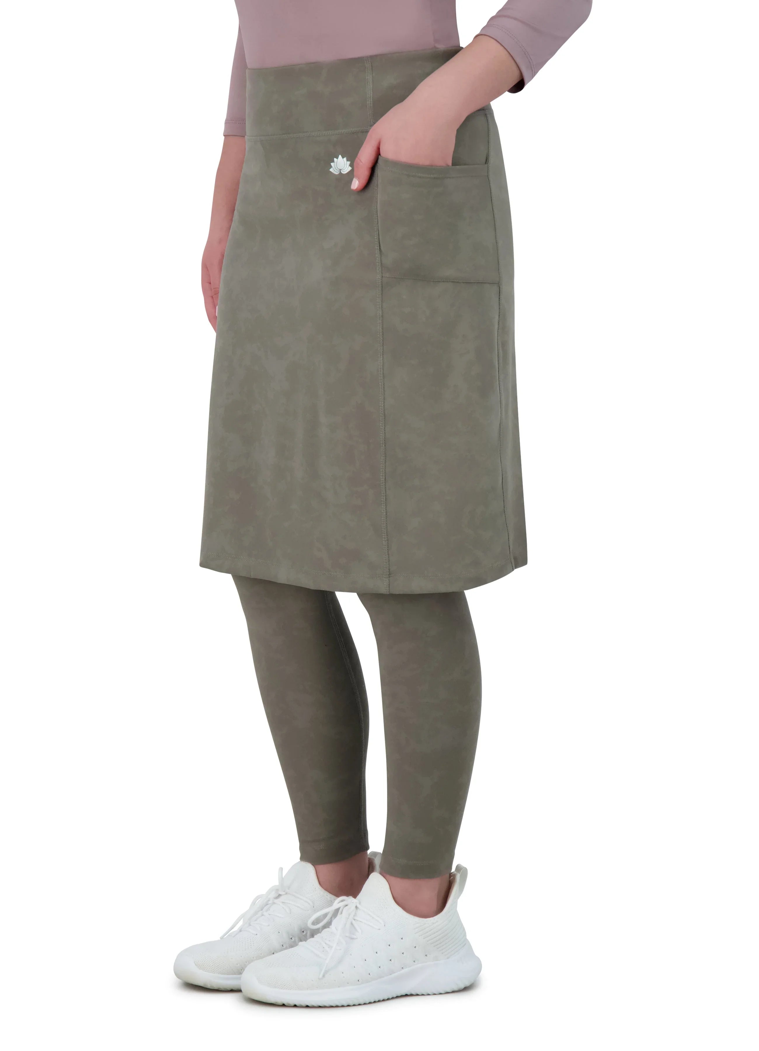 Snoga Athletics olive modest skirt with attached leggings and side pocket, activewear style