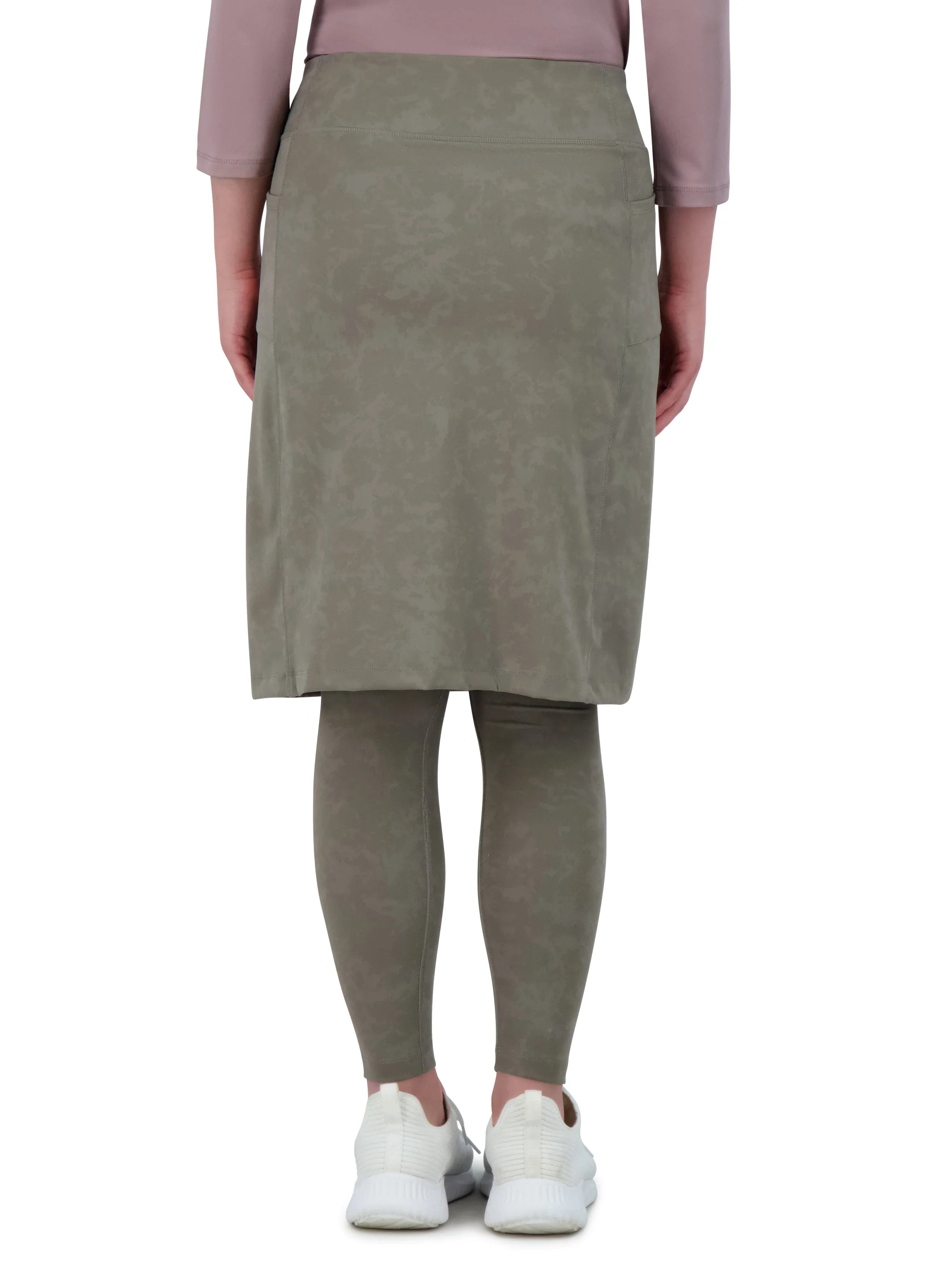 Snoga Athletics modest olive green skirt leggings back view, activewear for women