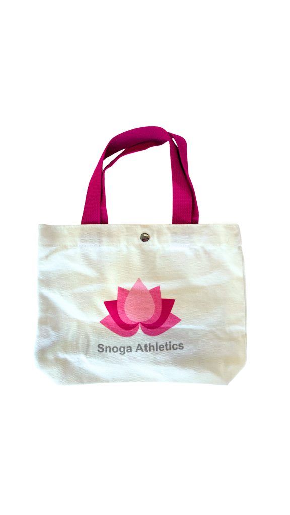 Snoga Athletics white canvas tote bag with pink lotus logo and pink handles