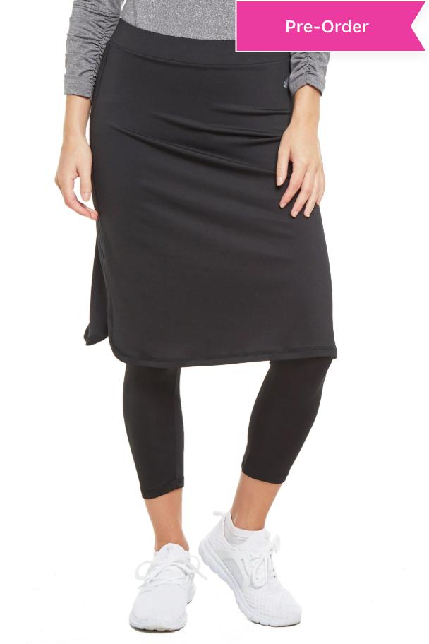 Snoga Athletics black cropped skirt with attached 3/4 length leggings for women