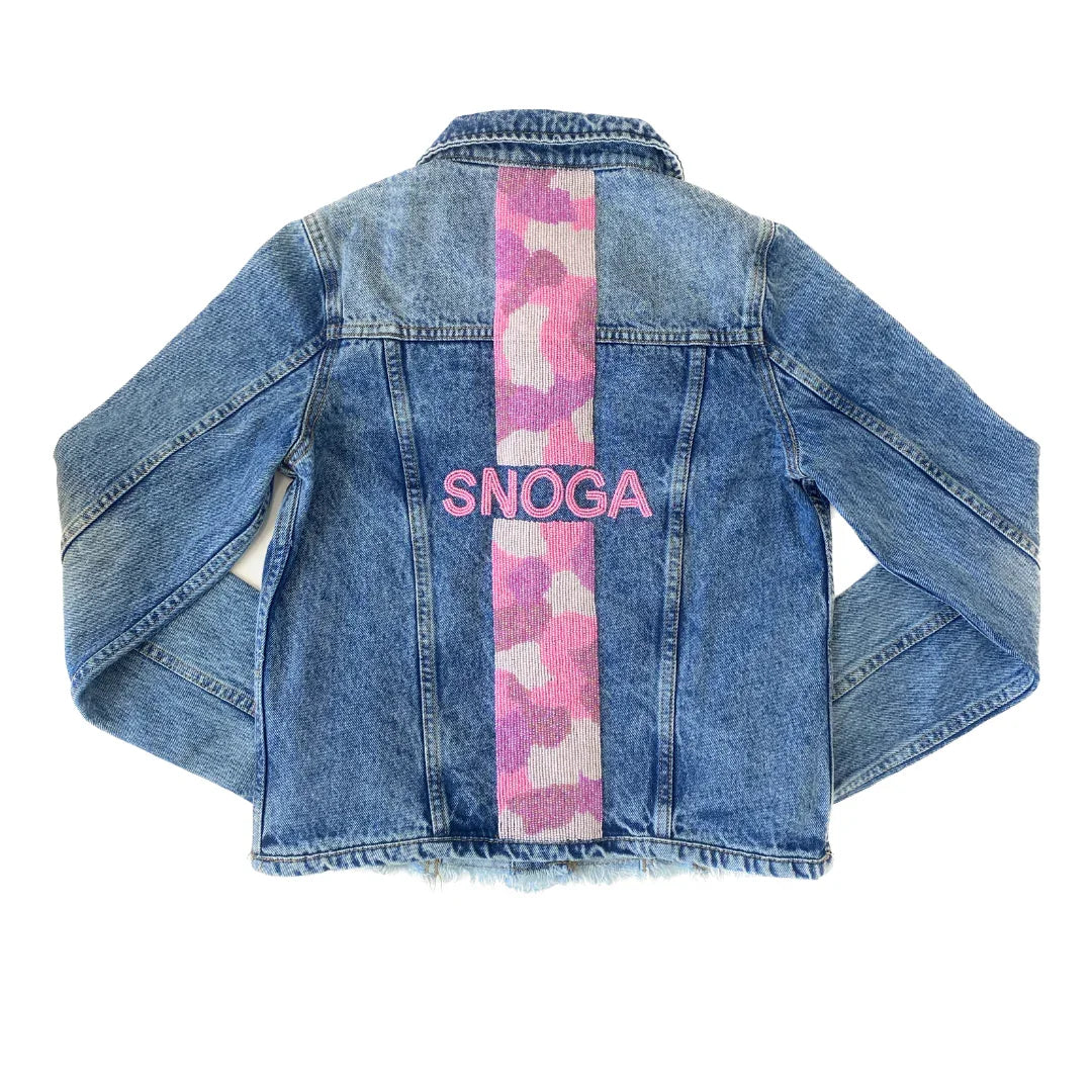 Snoga Athletics denim jacket with pink camo stripe and SNOGA logo on the back