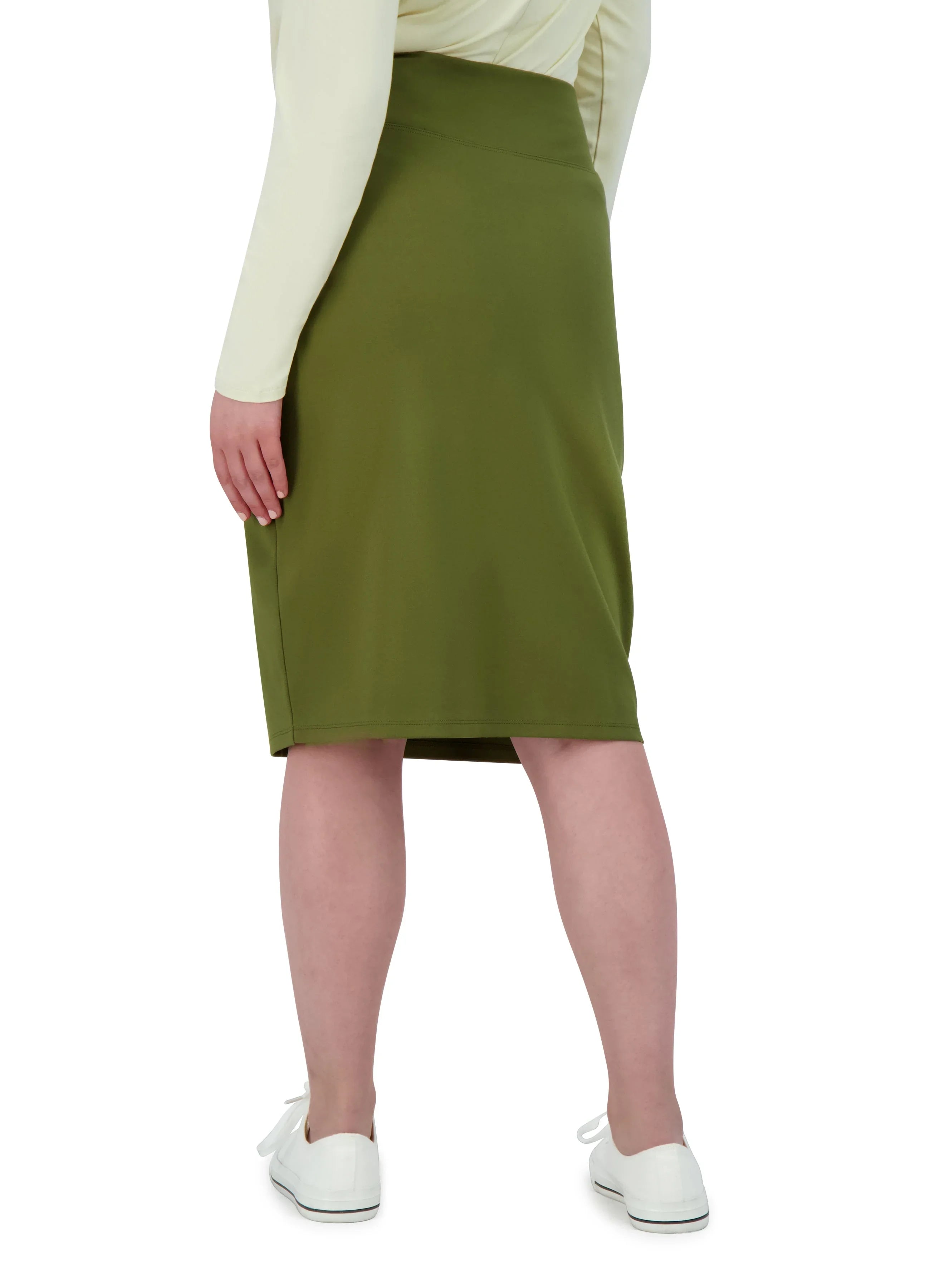 Snoga Athletics olive green knee-length ponte pencil skirt, back view, shown on model