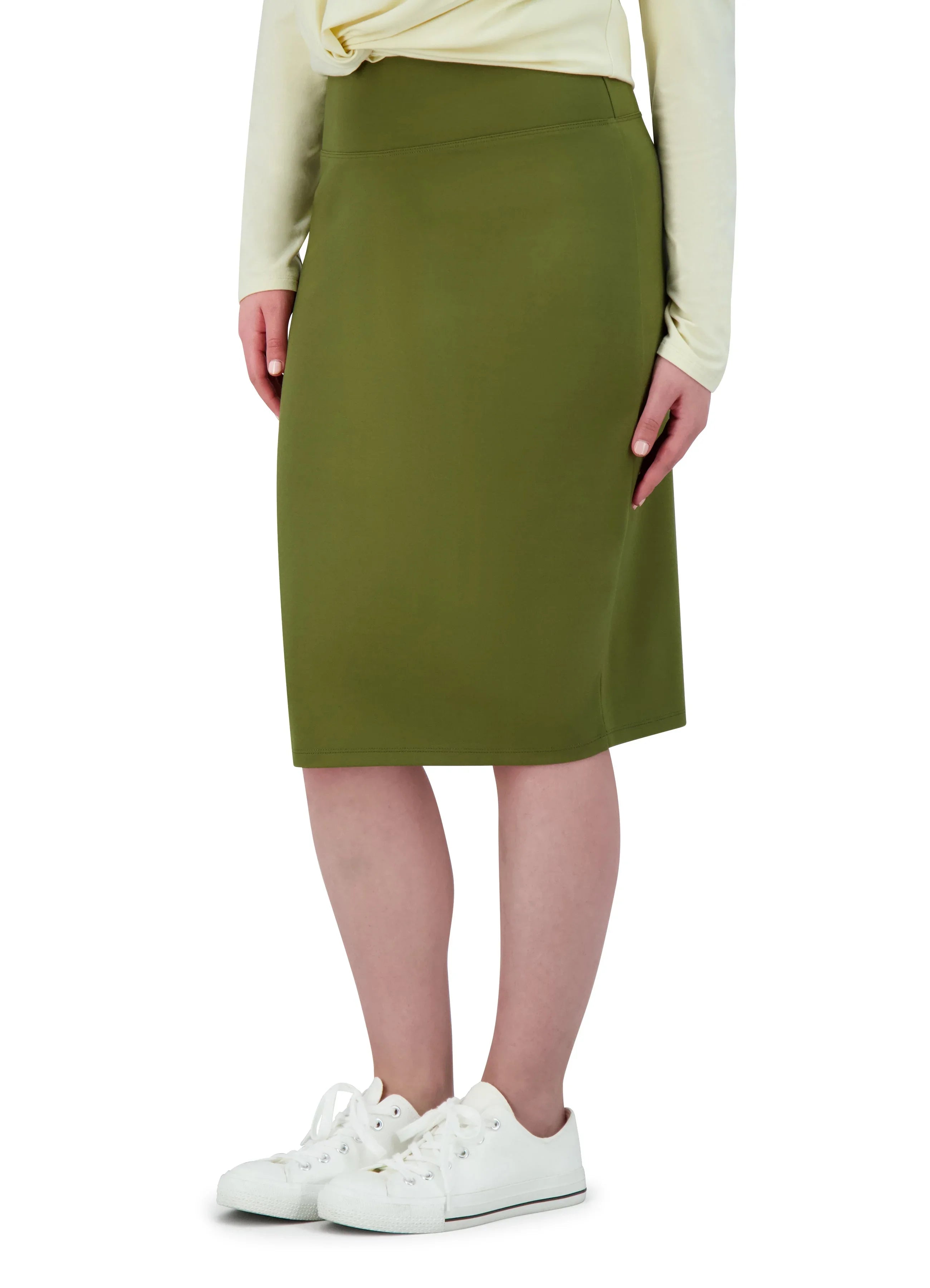 Snoga Athletics olive green knee-length ponte pencil skirt, stretchy and size inclusive
