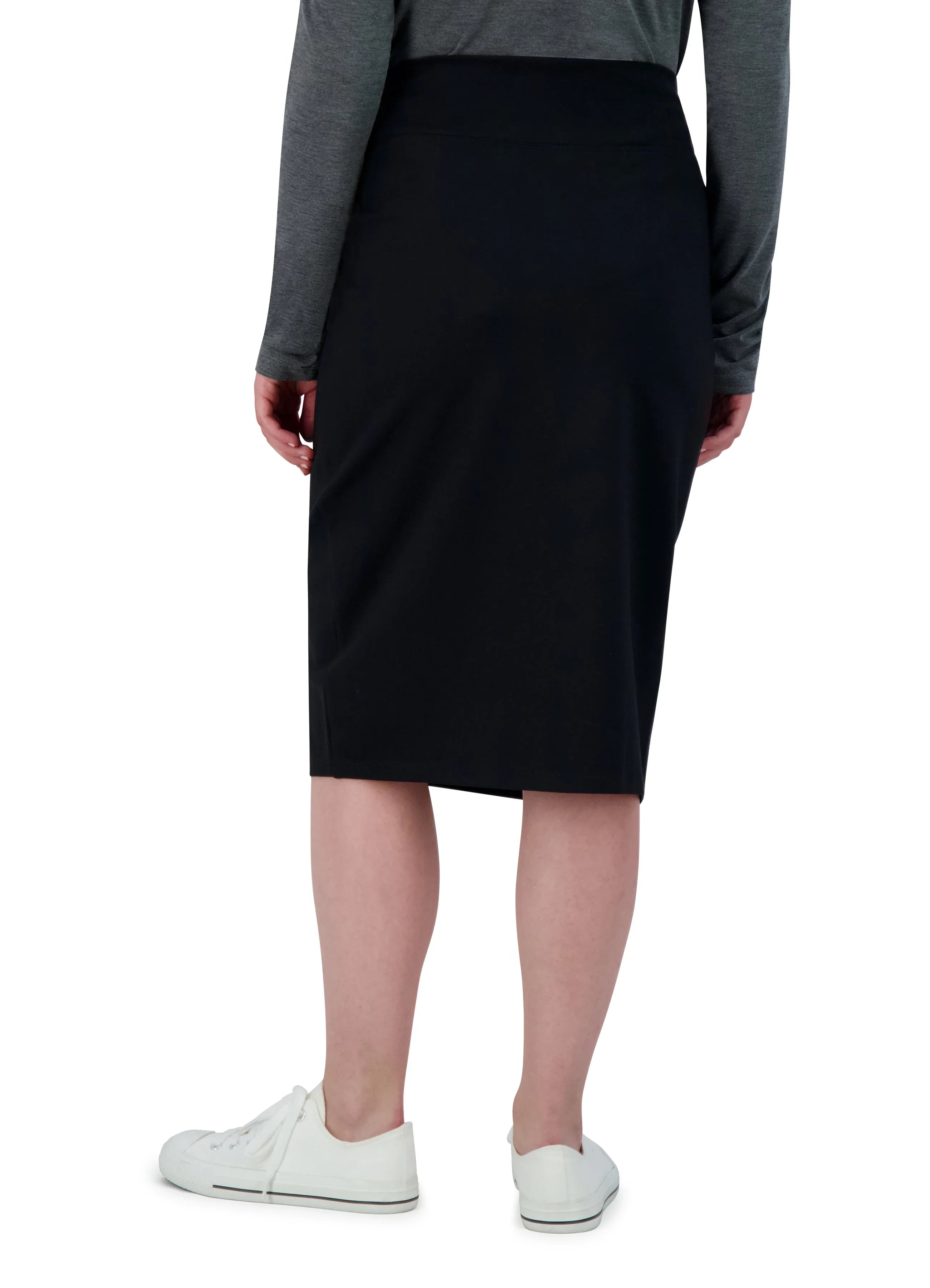 Snoga Athletics black ponte pencil skirt, knee-length, worn with casual sneakers