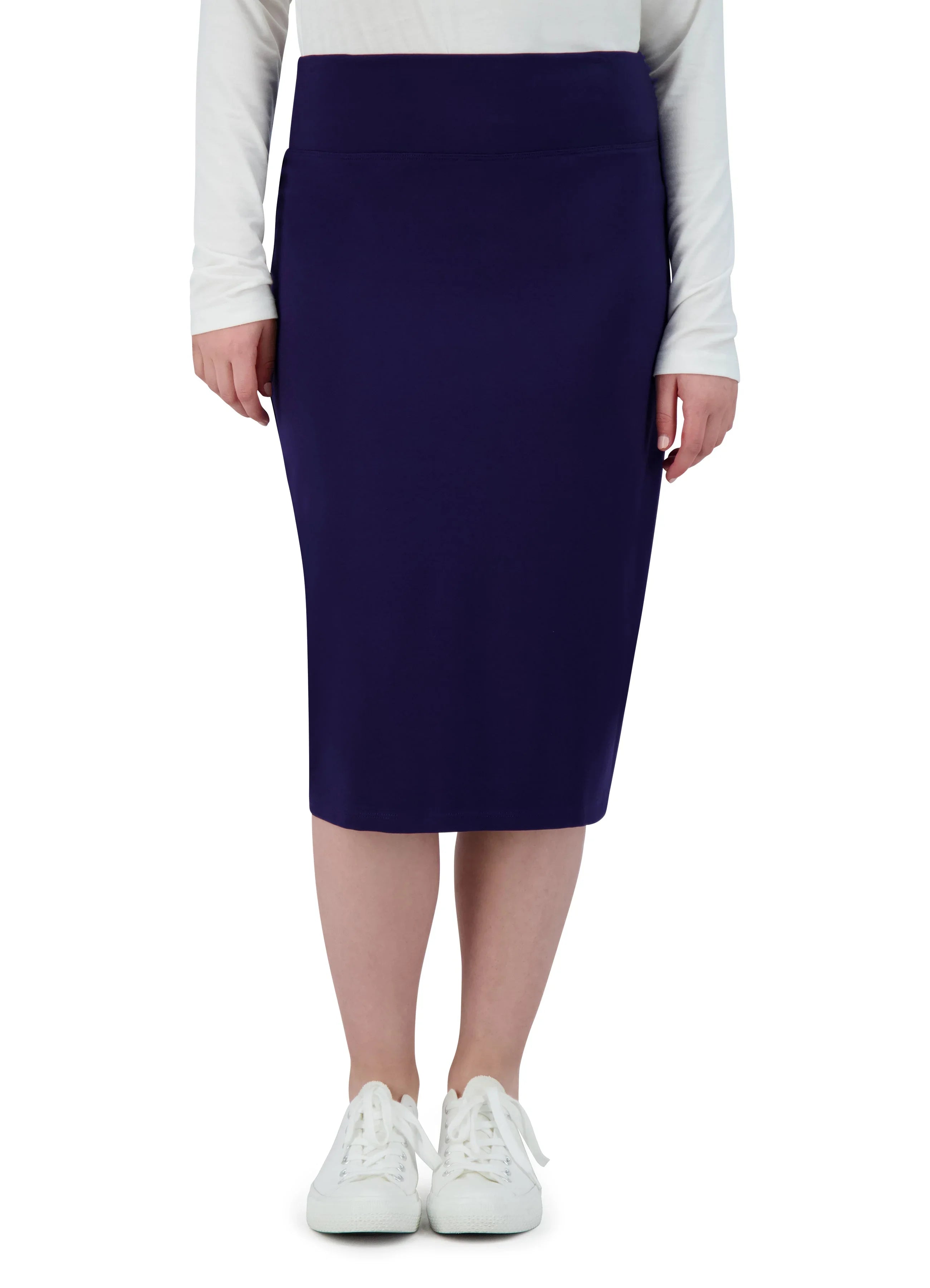 Snoga Athletics navy knee-length ponte pencil skirt on model, size inclusive activewear