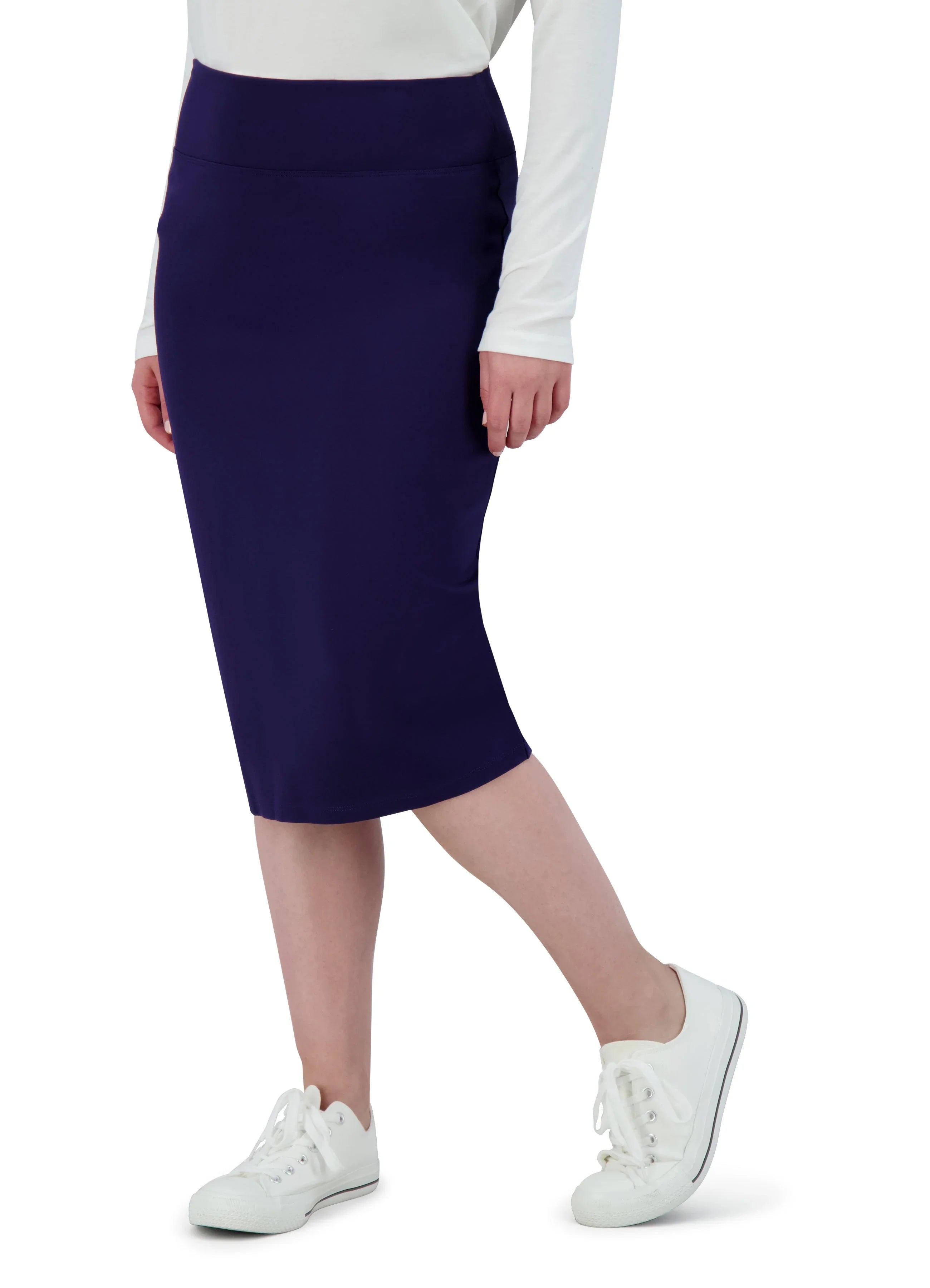 Snoga Athletics knee-length ponte pencil skirt in navy, stretch fabric, side view