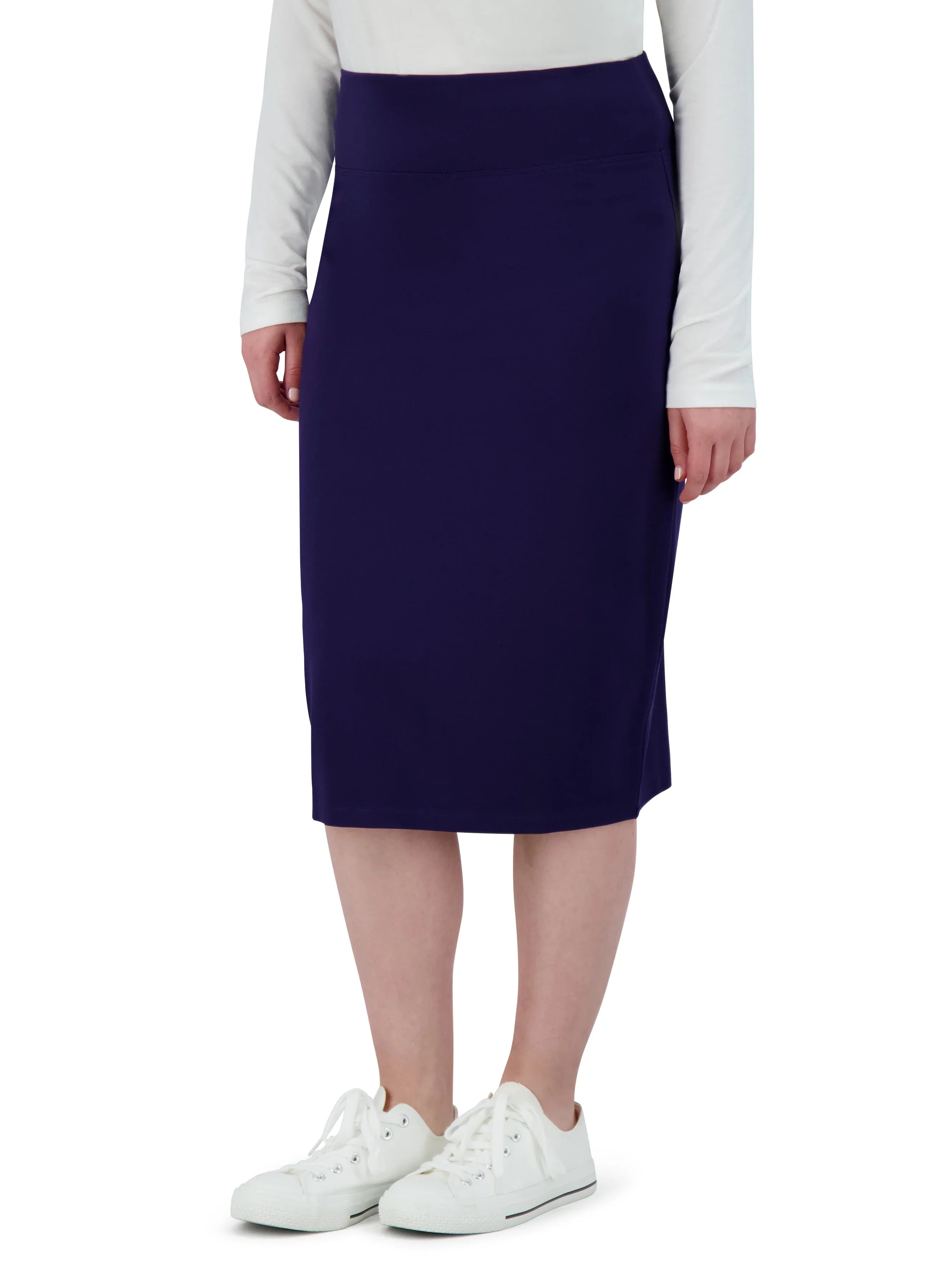 Snoga Athletics ponte knee-length pencil skirt in navy, stretch fit, worn with sneakers