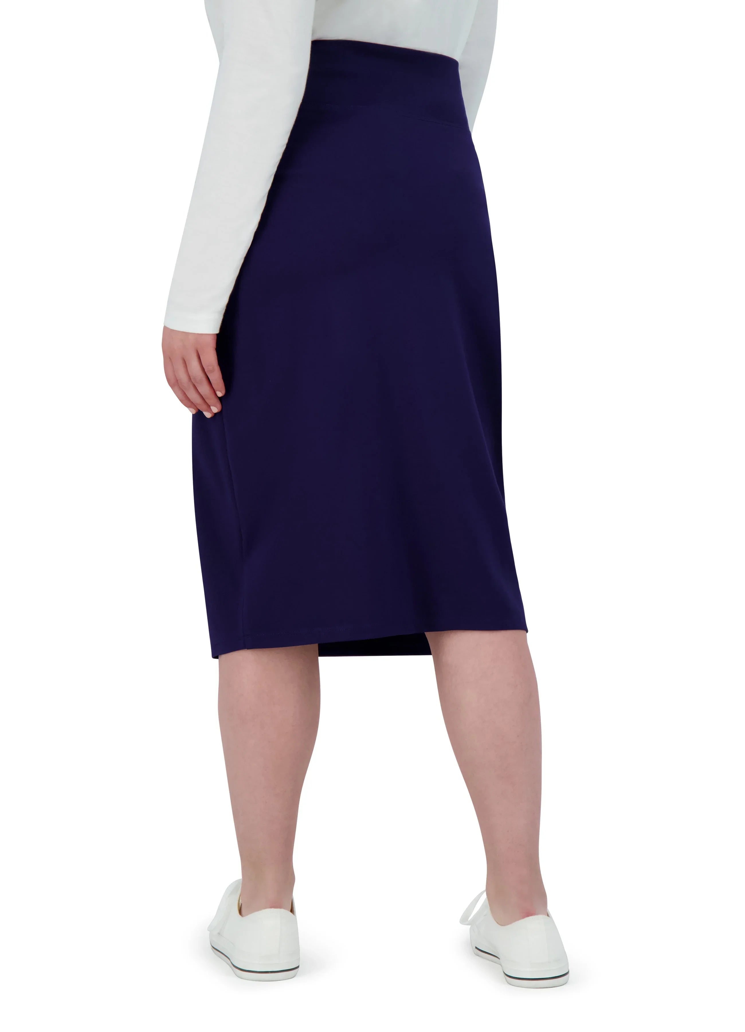 Snoga Athletics navy ponte knee-length pencil skirt on model, back view