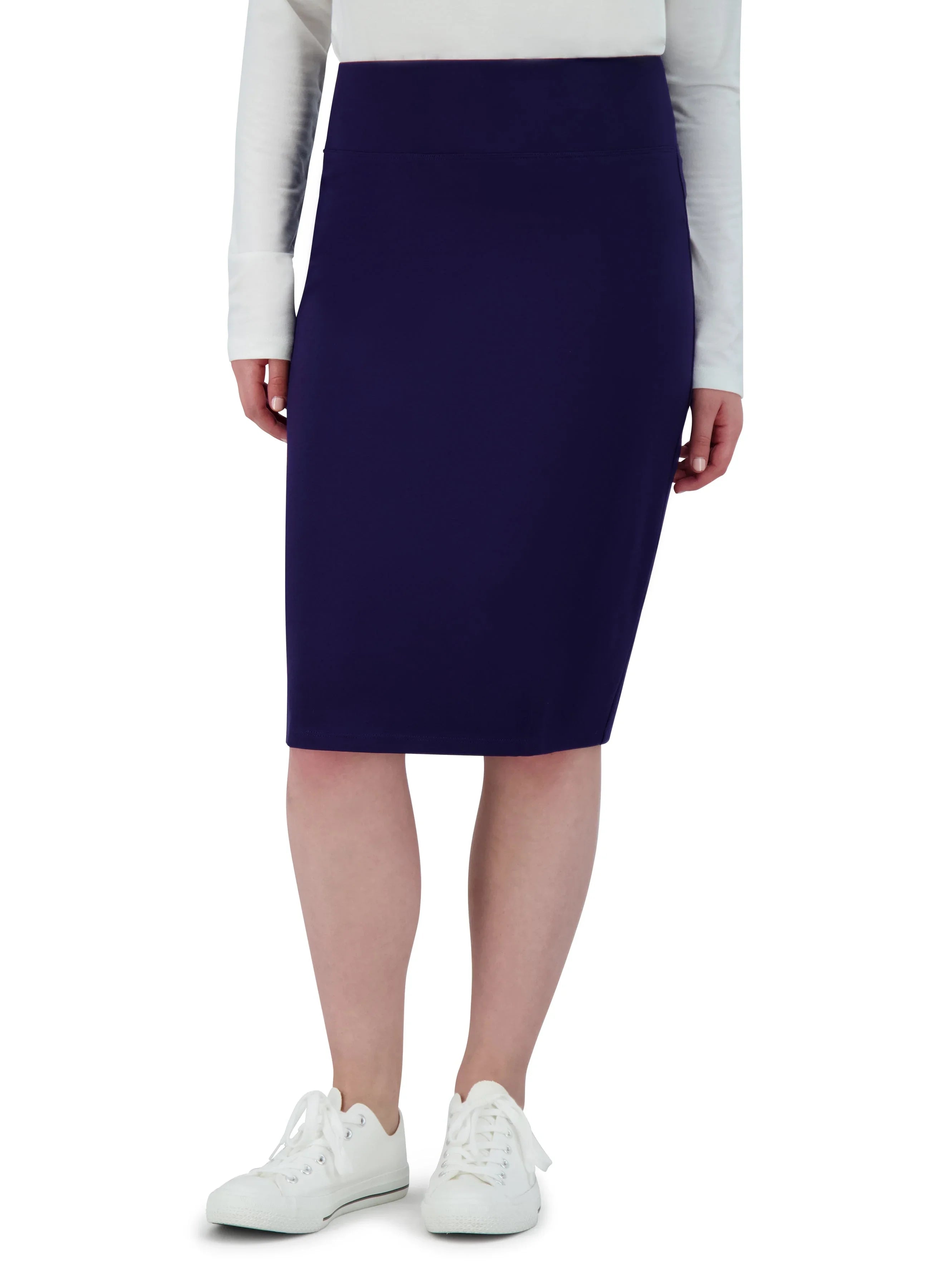 Snoga Athletics knee-length navy ponte pencil skirt, model in white top and sneakers