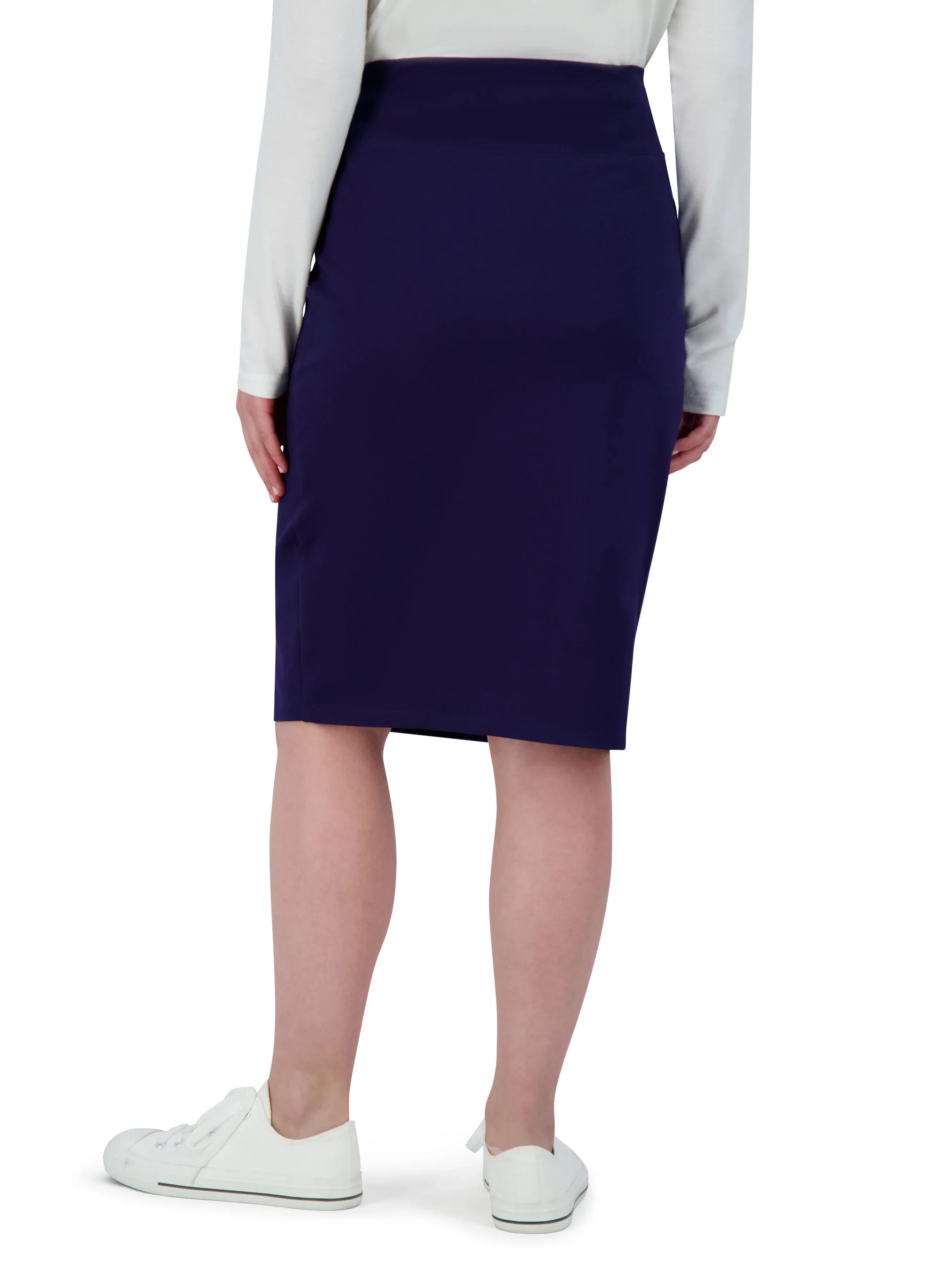 Snoga Athletics ponte knee-length pencil skirt in navy, rear view on model