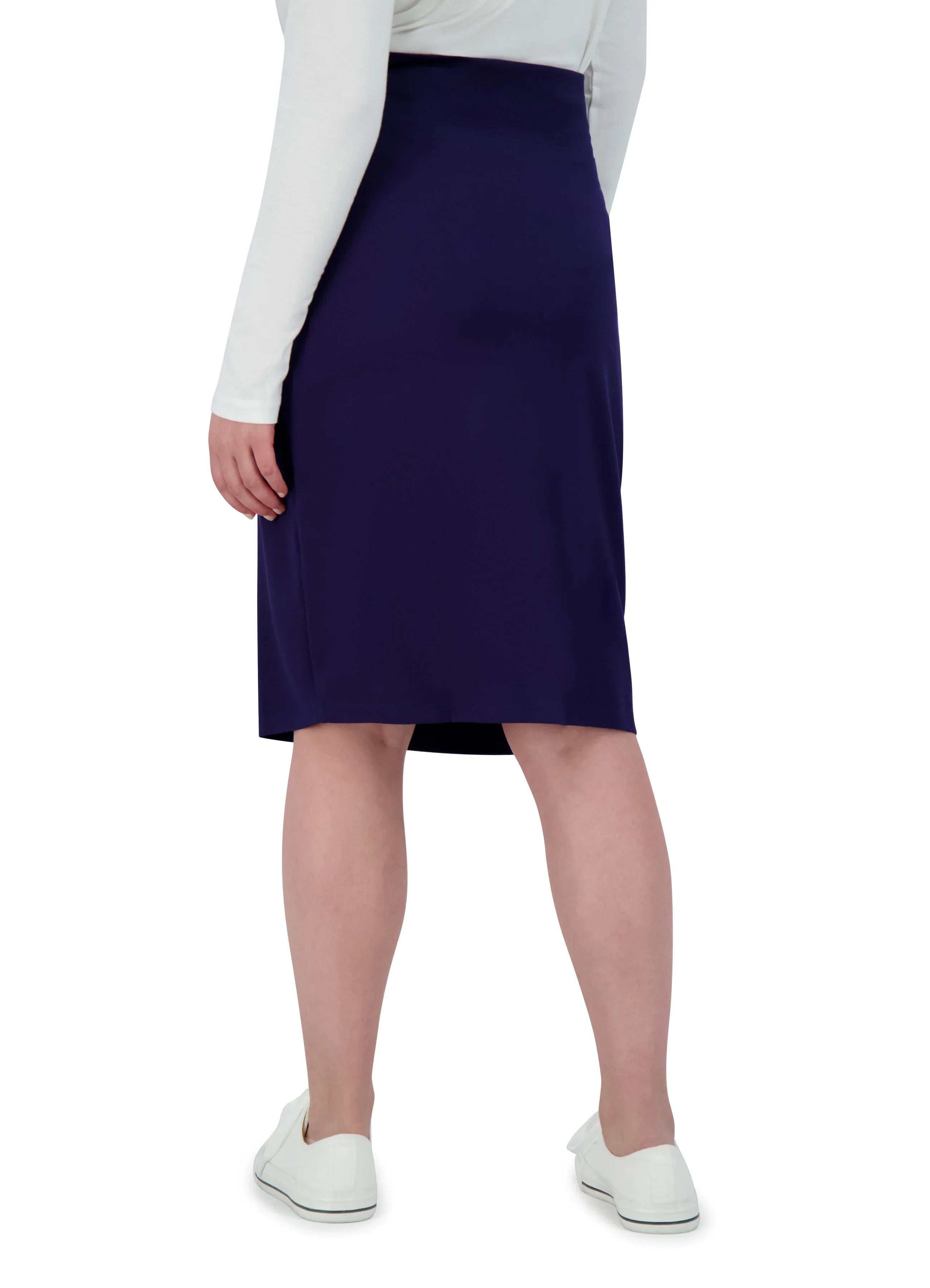 Snoga Athletics ponte knee-length pencil skirt in navy, stretch fabric, back view