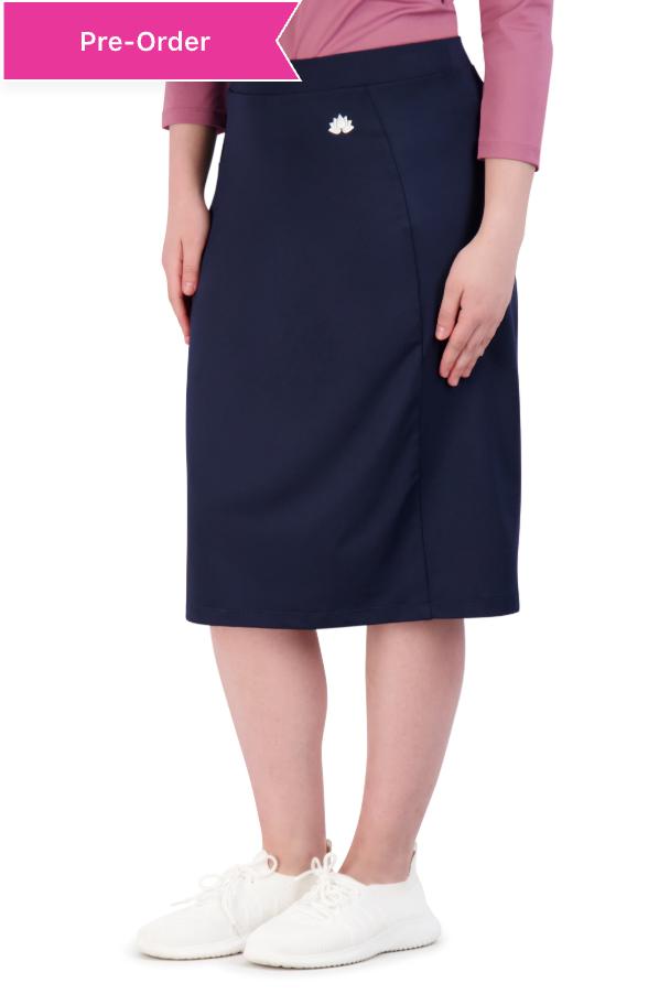 Snoga Athletics navy athletic fit skort for women with logo, modest activewear style