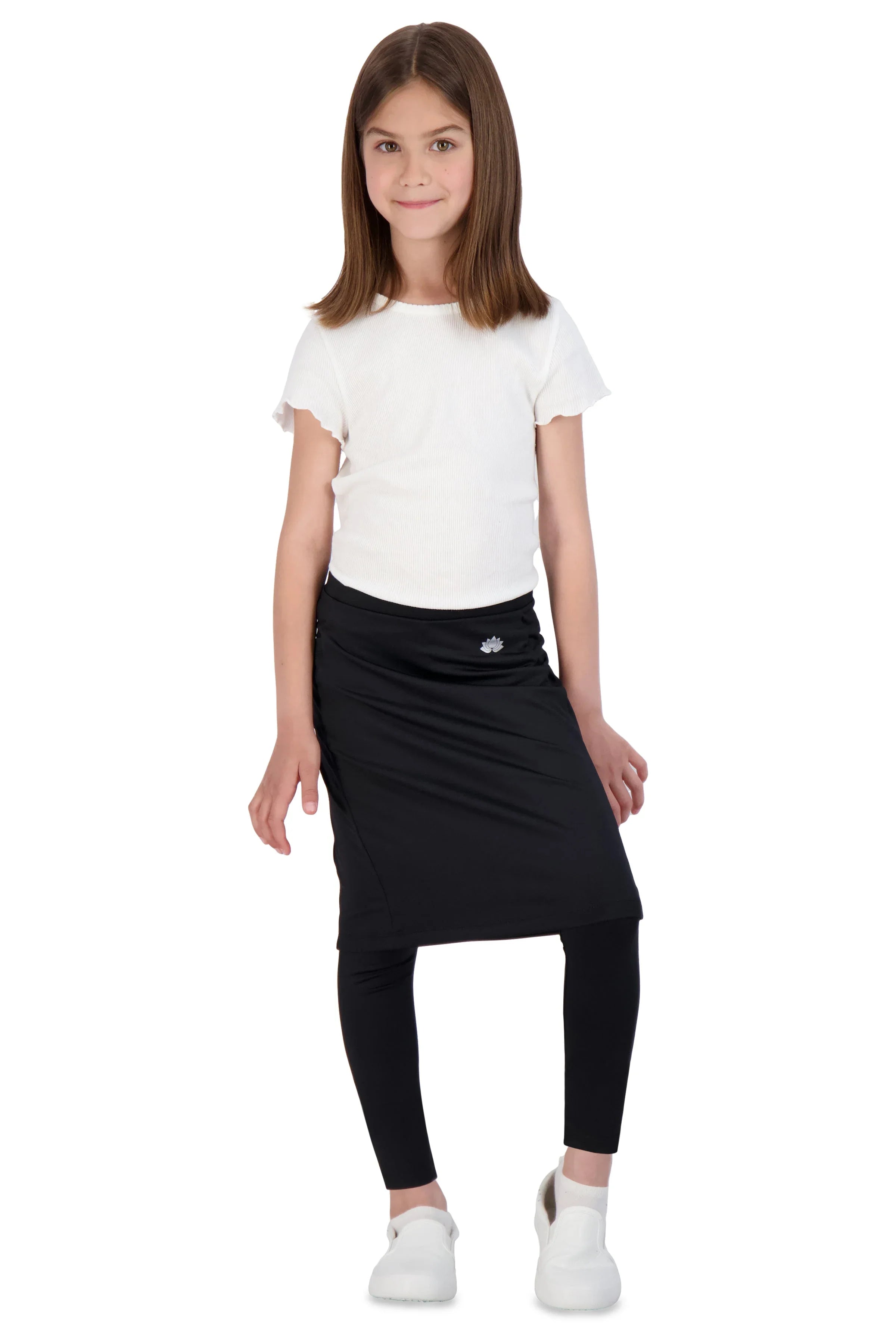 Girl wearing Snoga Athletics black ankle-fit modest skirt leggings and white top