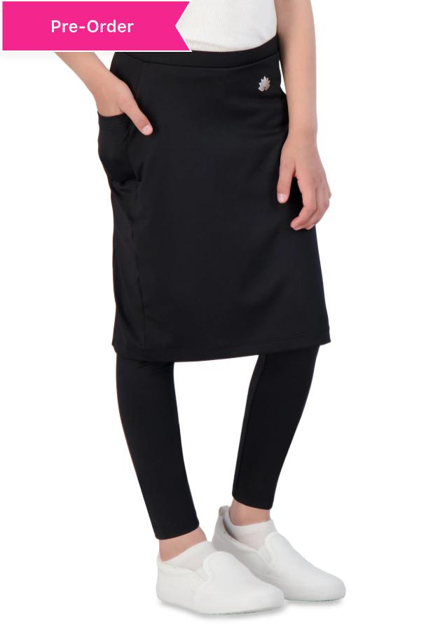 Snoga Athletics girls' black ankle-fit skirted leggings with side pockets and white slip-on shoes