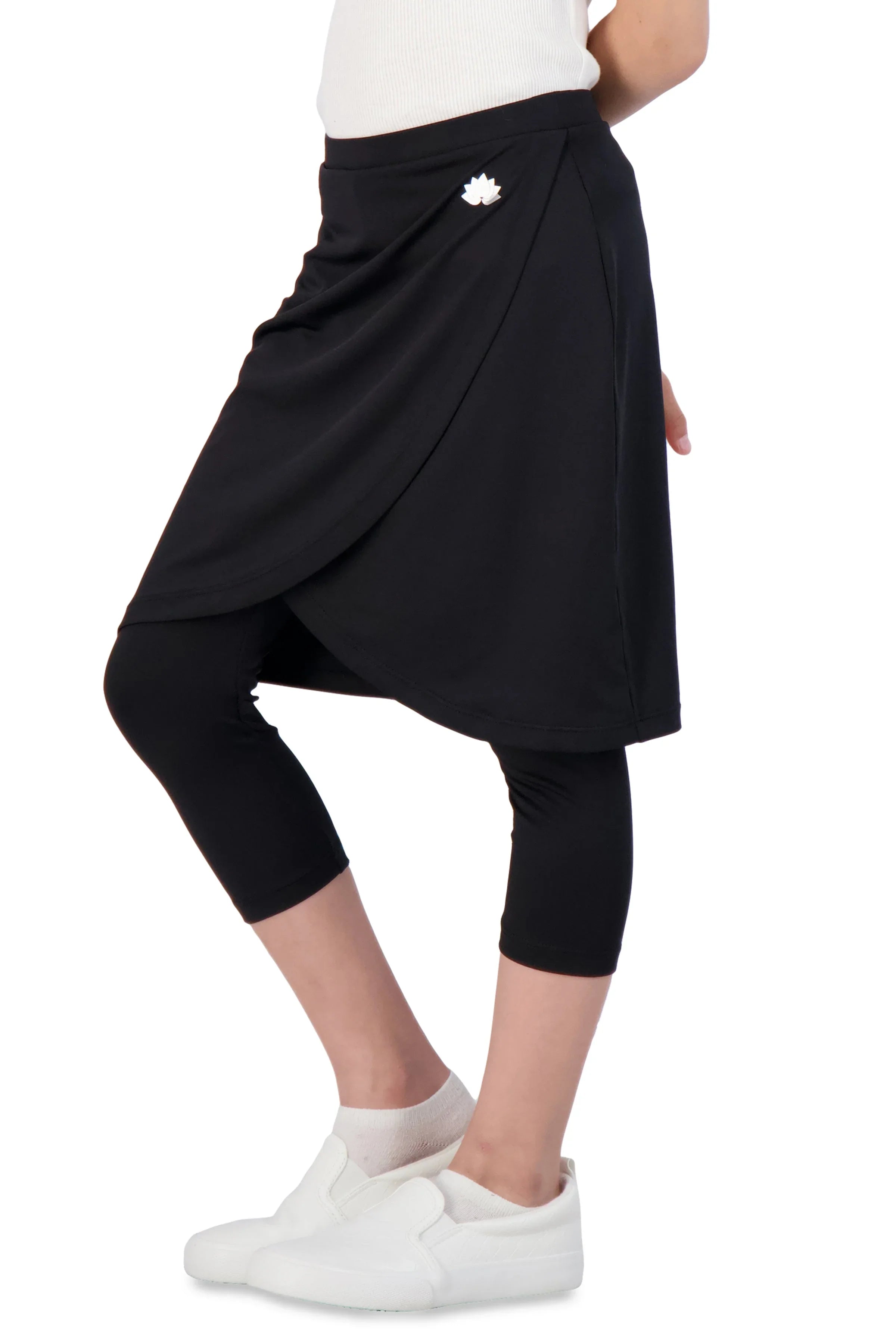 Snoga Athletics girls black faux wrap skirt with leggings, modest activewear