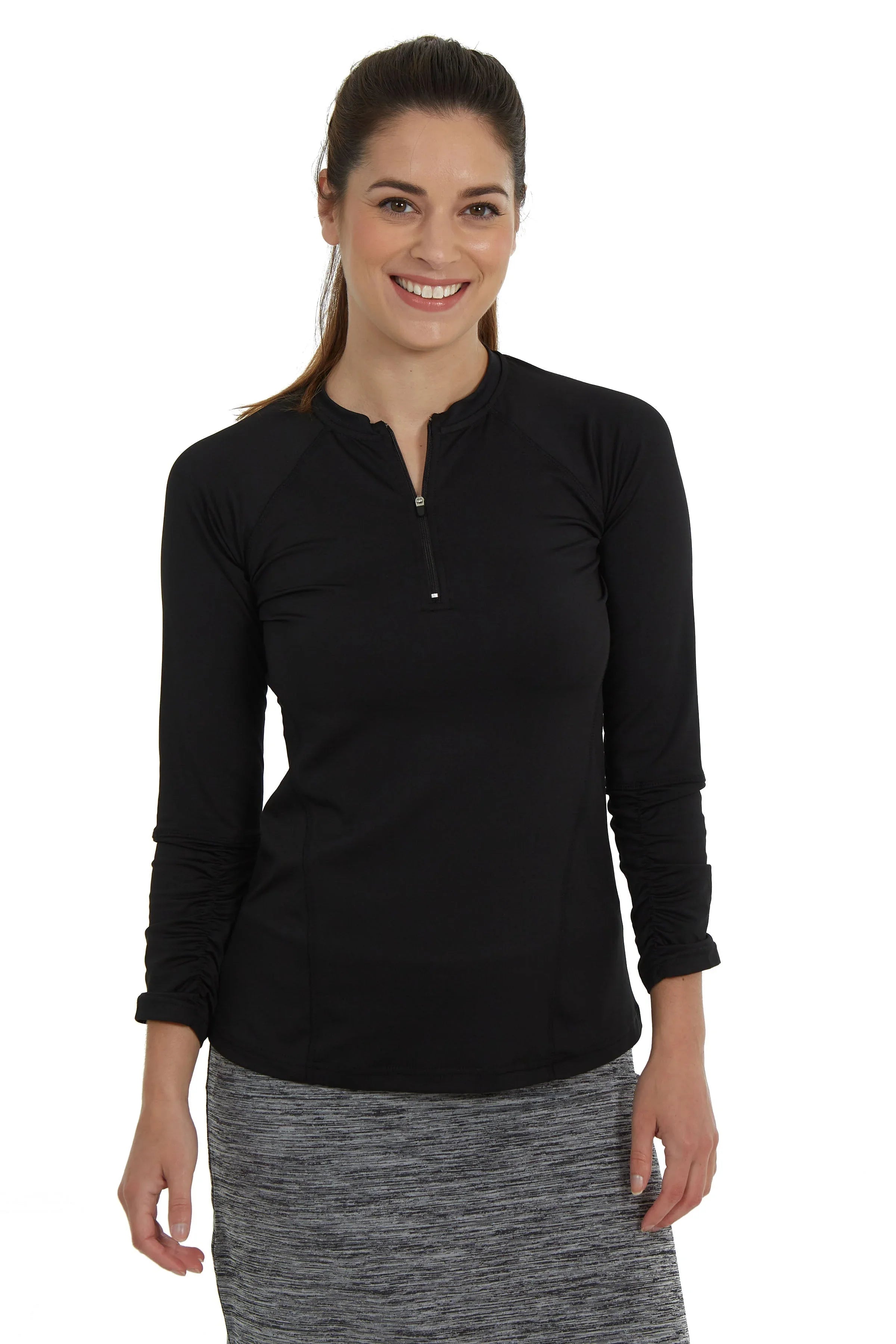 Woman wearing Snoga Athletics black long sleeve active top with quarter zip
