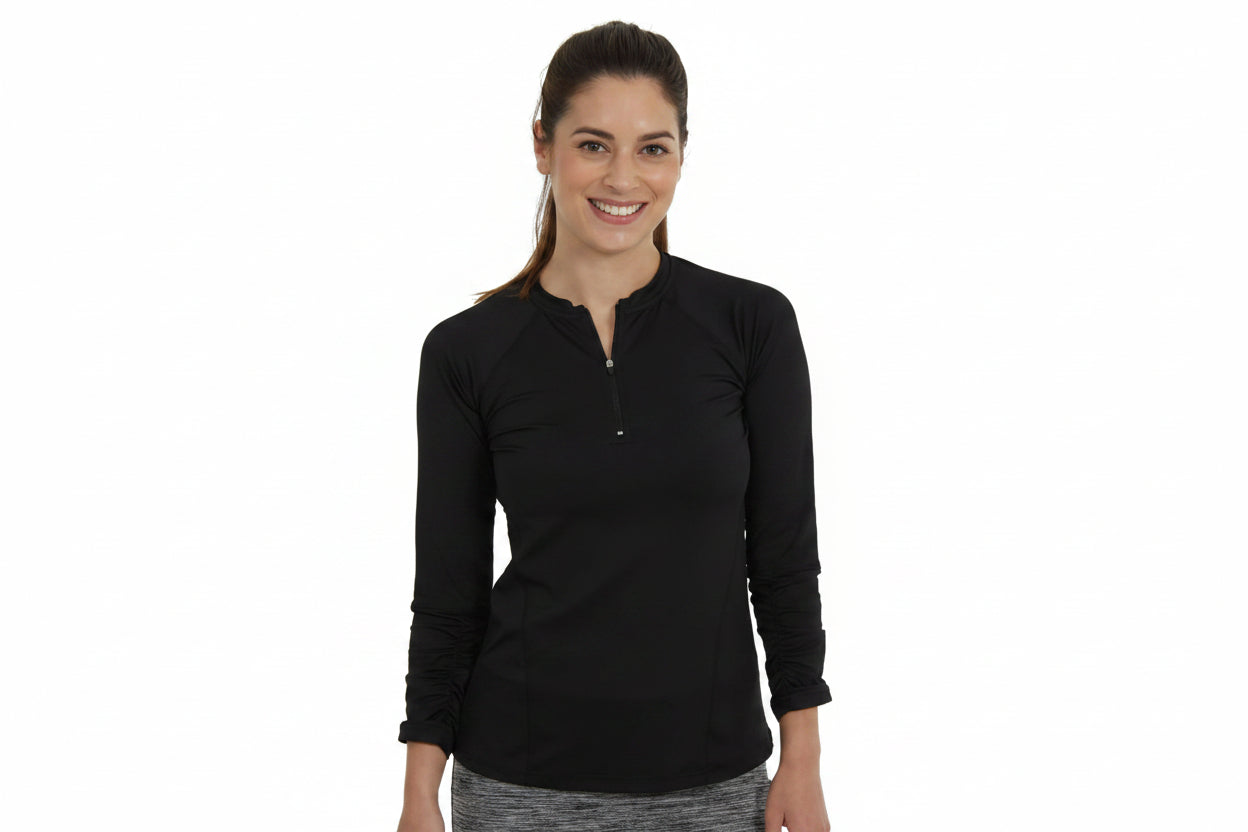 Woman wearing Snoga Athletics black long sleeve active top with quarter zip