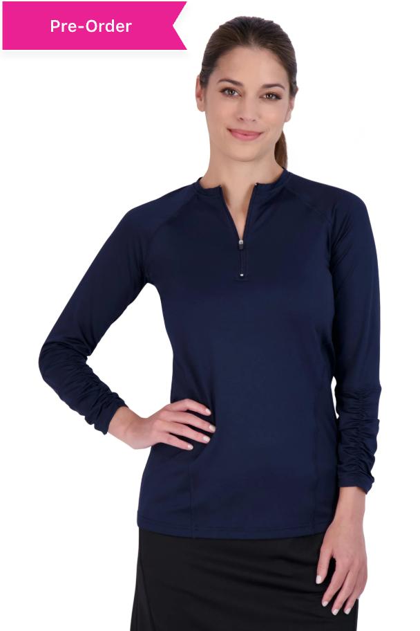 Woman wearing Snoga Athletics navy long sleeve active top with front zipper