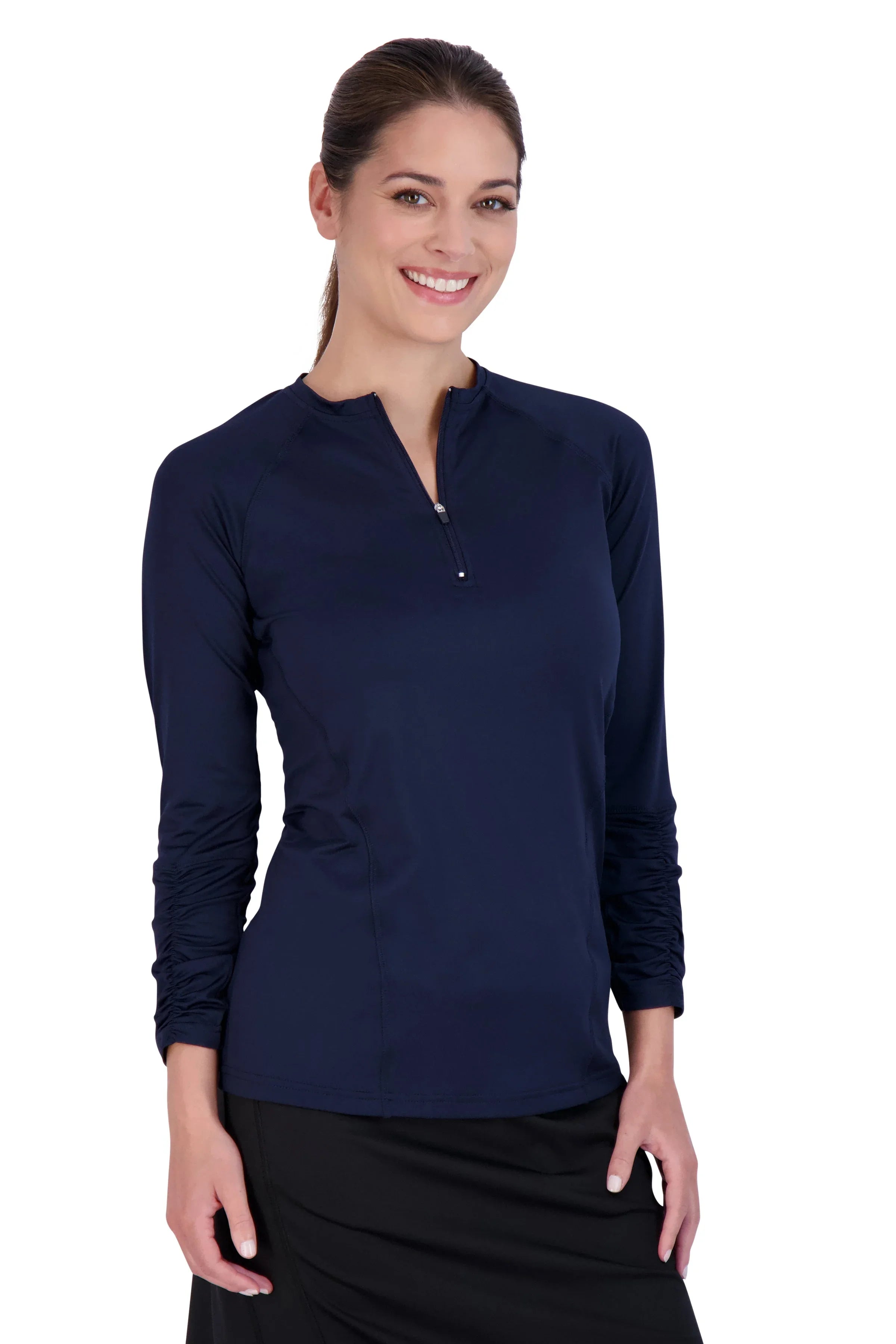 Snoga Athletics navy long sleeve active top with zip neckline, modeled against white background