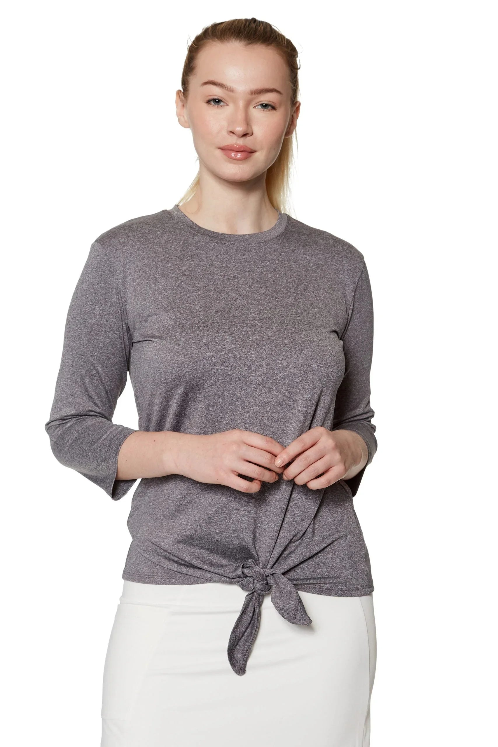 Woman wearing Snoga Athletics heather grey tie front active tee with 3/4 sleeves