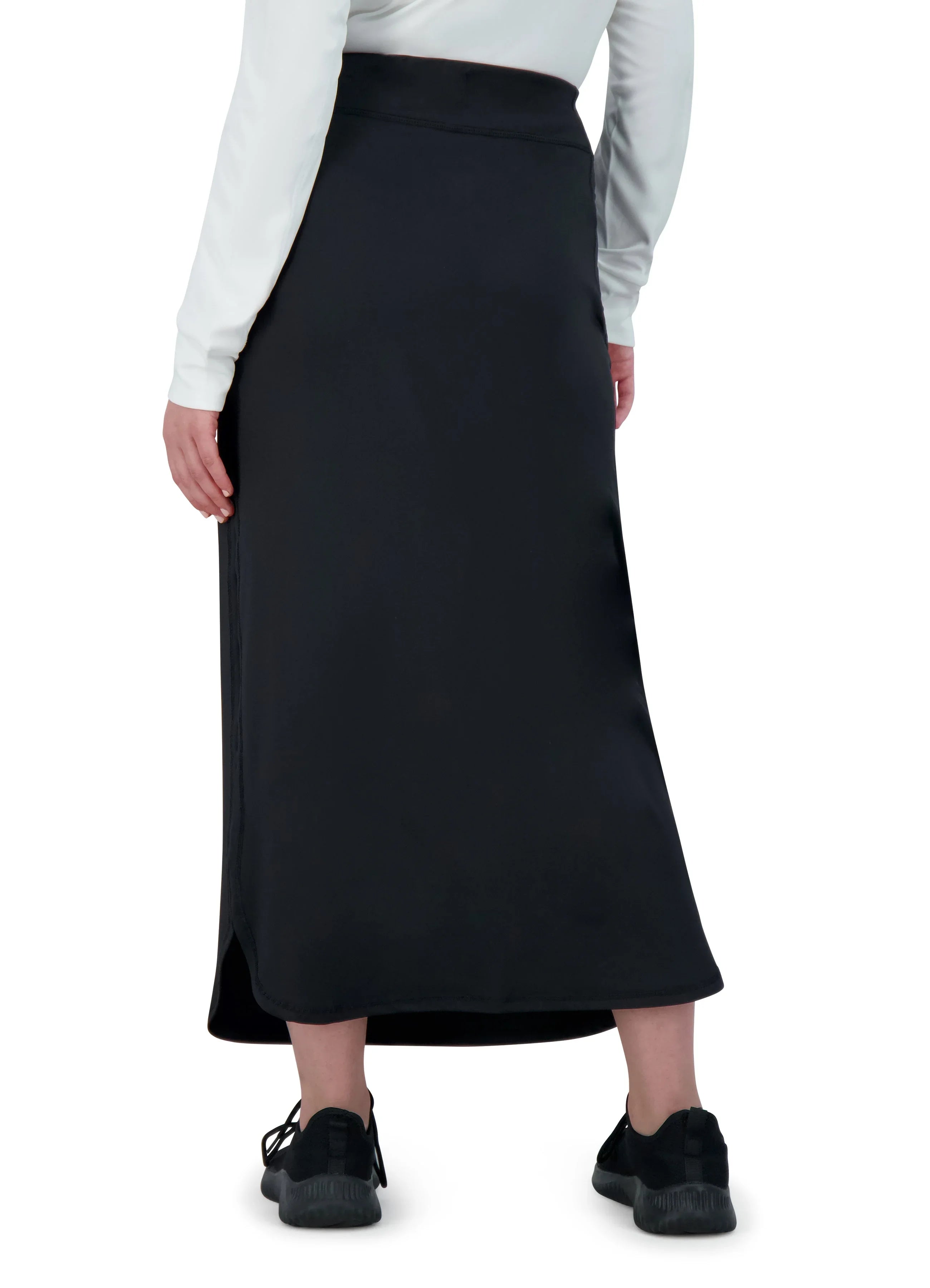 Snoga Athletics black maxi active skirt with pocket, shown from the back on a model