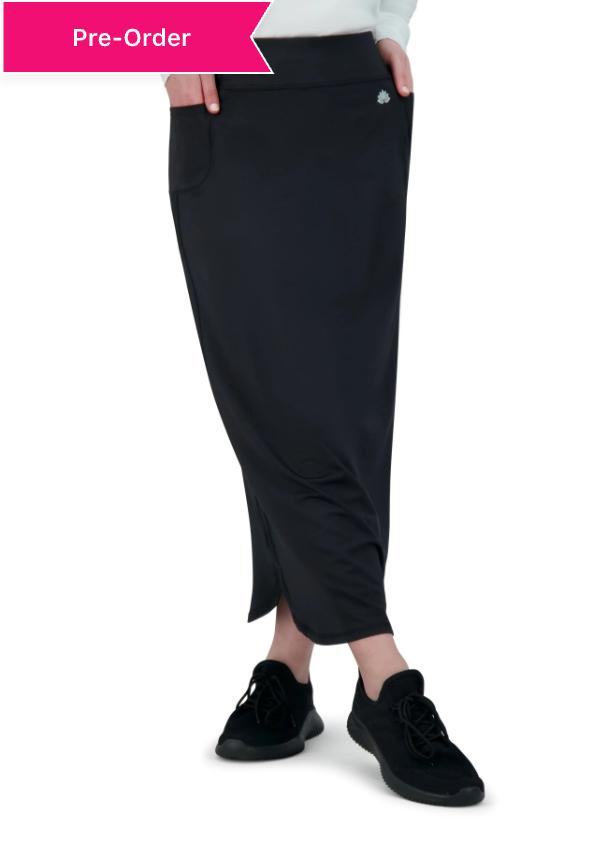 Snoga Athletics black maxi active skirt with pocket, side slit, and logo detail