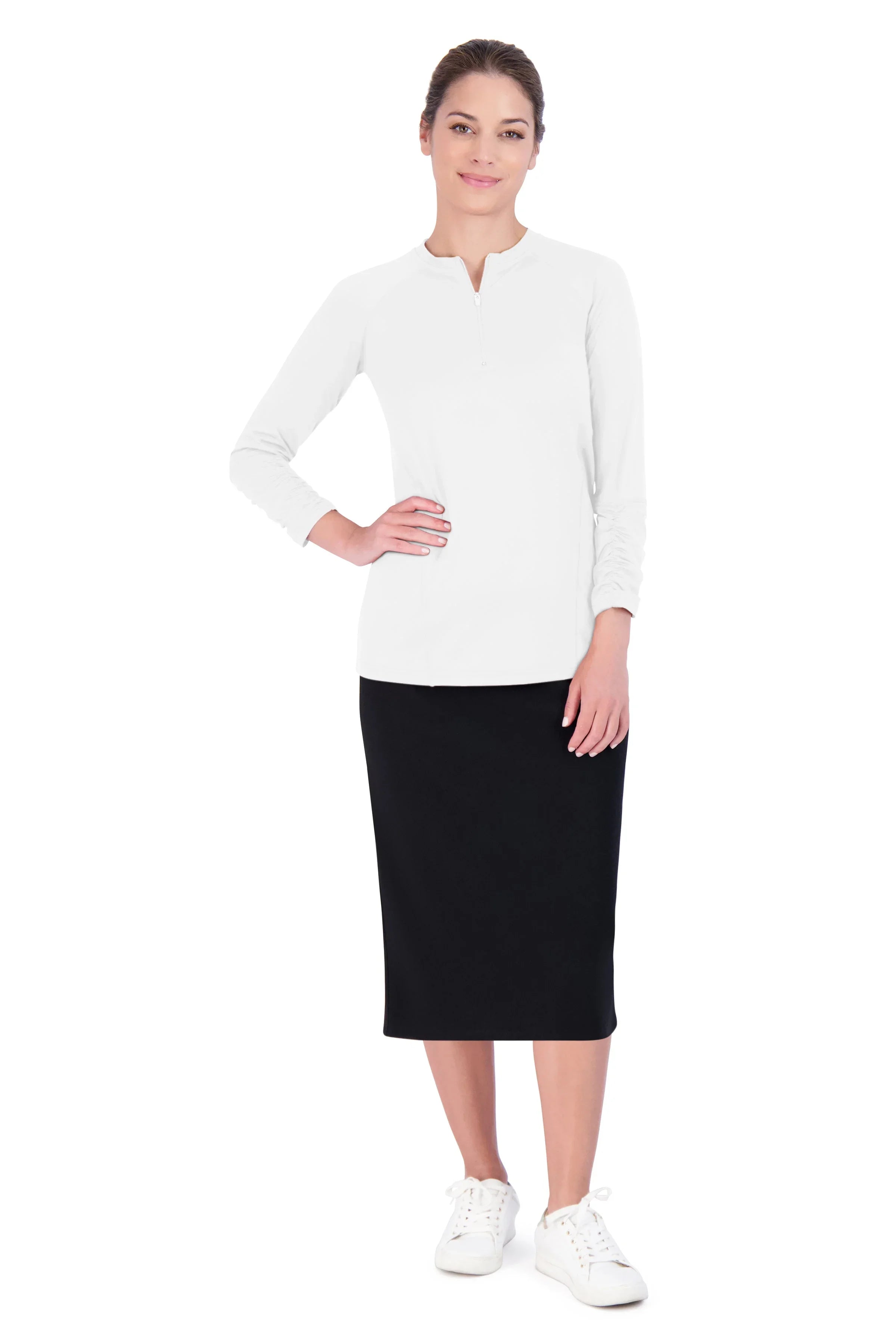 Woman wearing Snoga Athletics black ribbed stretch pencil skirt, white top, and sneakers