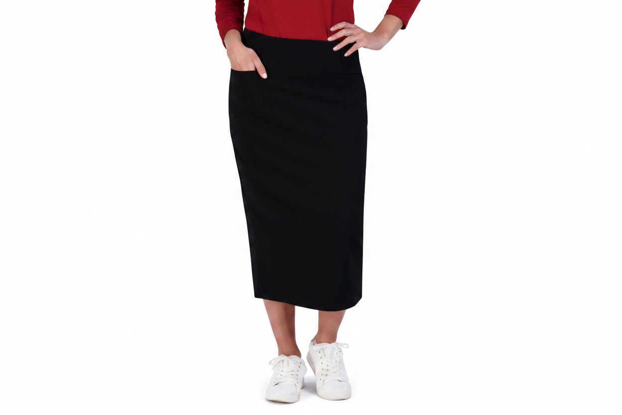 Snoga Athletics black pencil skirt, modest activewear, ribbed stretch fabric, front pockets
