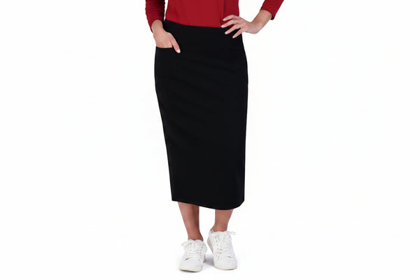 Snoga Athletics black pencil skirt, modest activewear, ribbed stretch fabric, front pockets