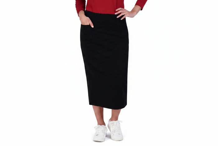 Snoga Athletics black pencil skirt, modest activewear, ribbed stretch fabric, front pockets