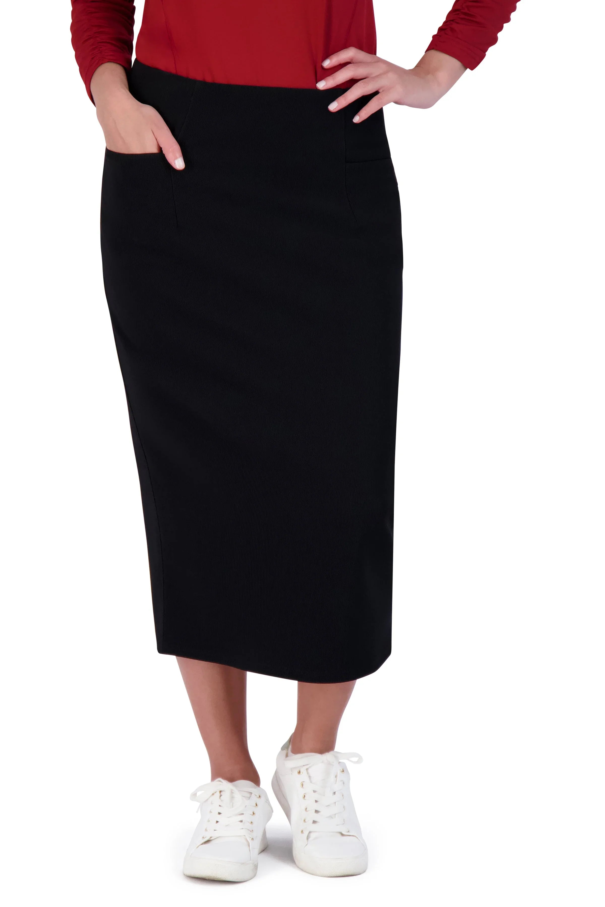 Snoga Athletics black pencil skirt, modest activewear, ribbed stretch fabric, front pockets