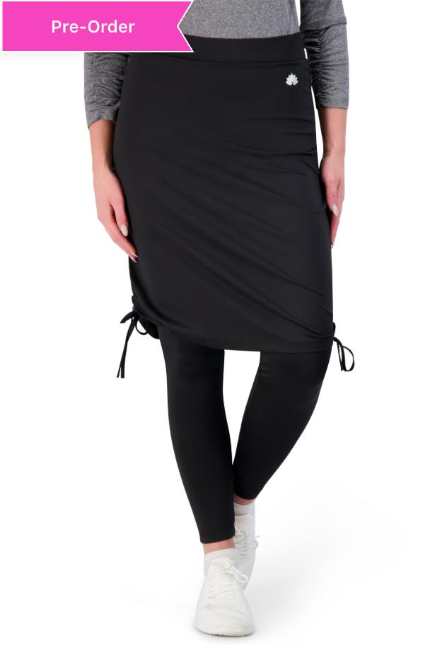Snoga Athletics black ankle tie modest skirt with built-in leggings, shown on model