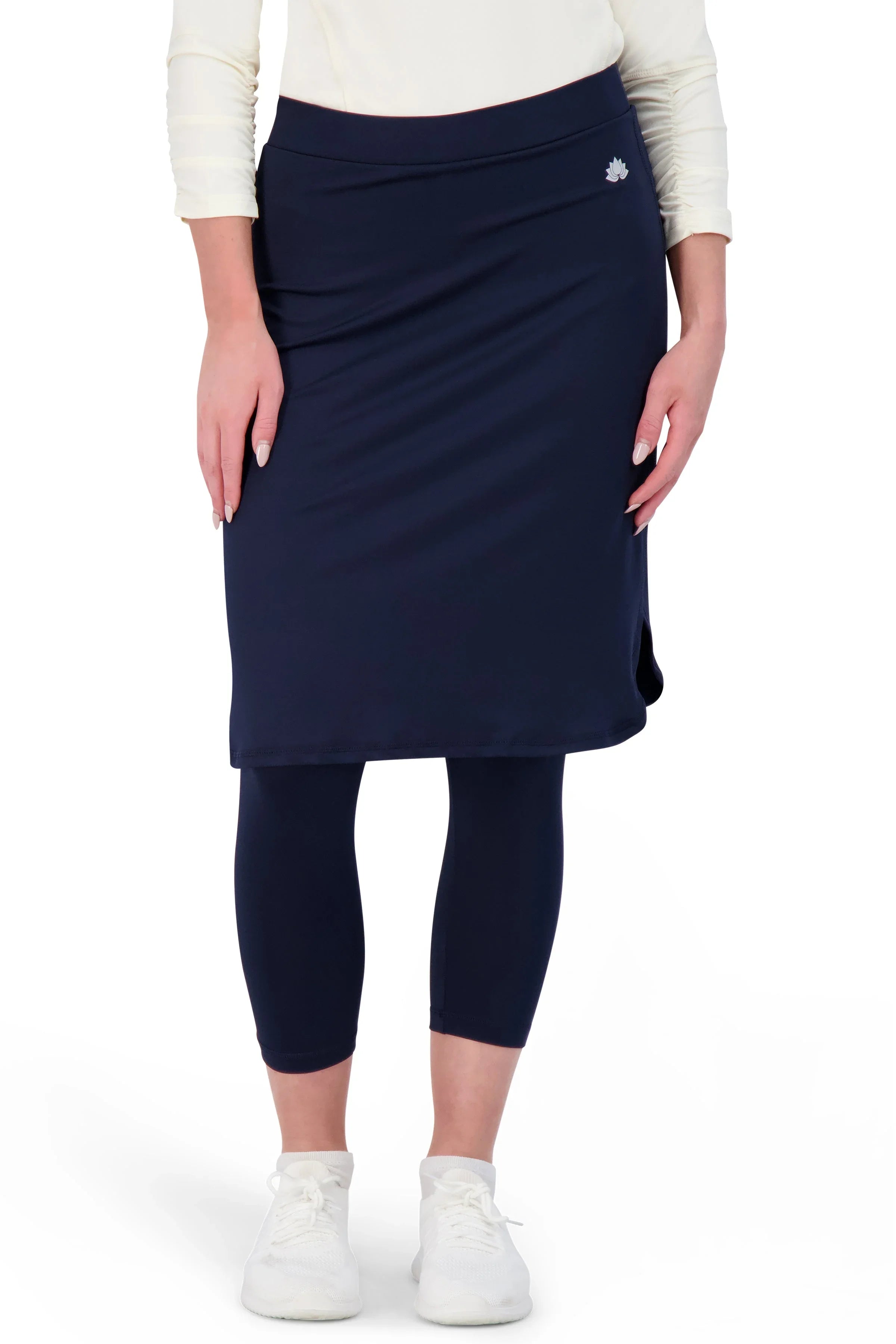 Snoga Athletics navy modest skirt with attached leggings, front view, activewear