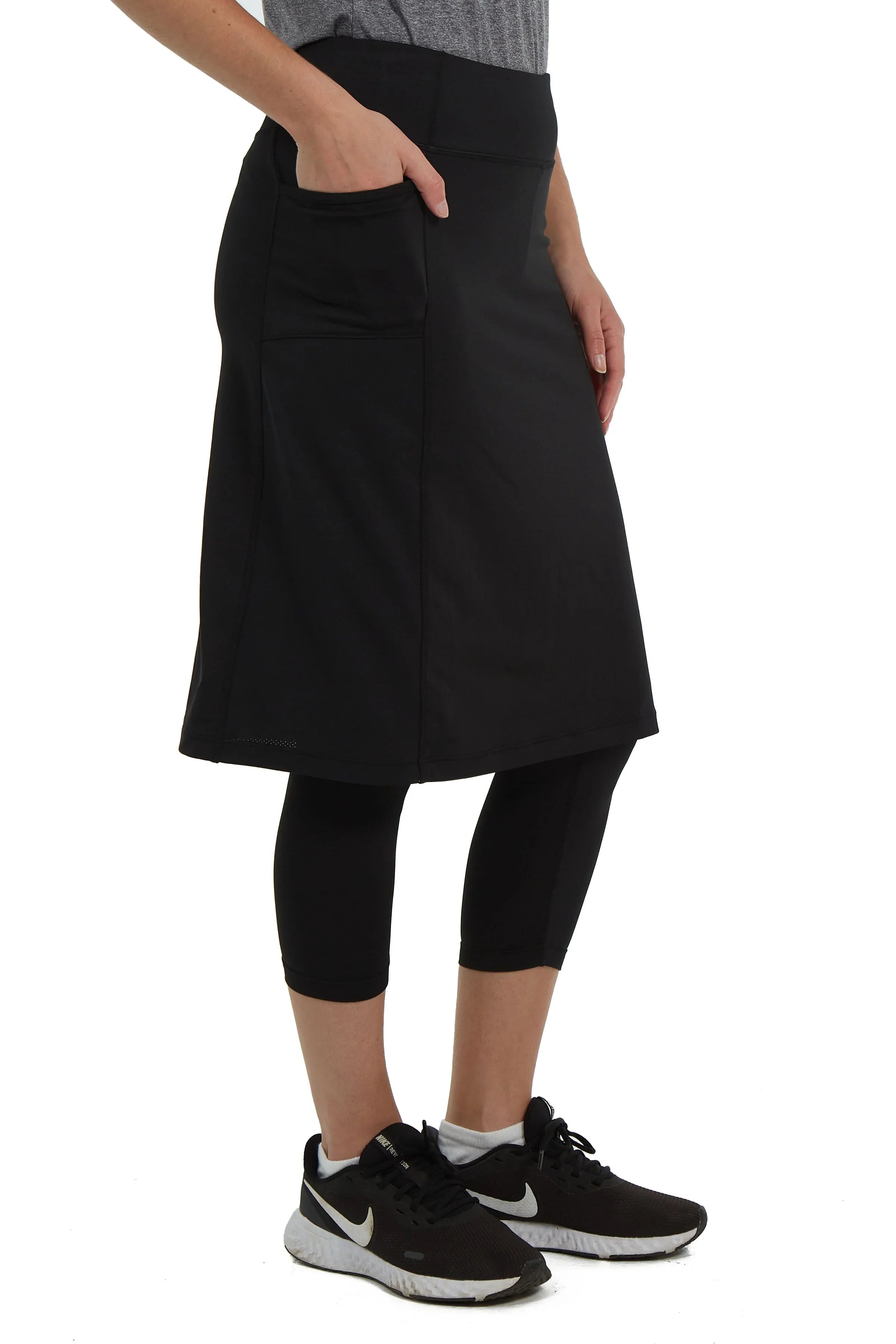 Snoga Athletics black double pocket skirted leggings for women, side view