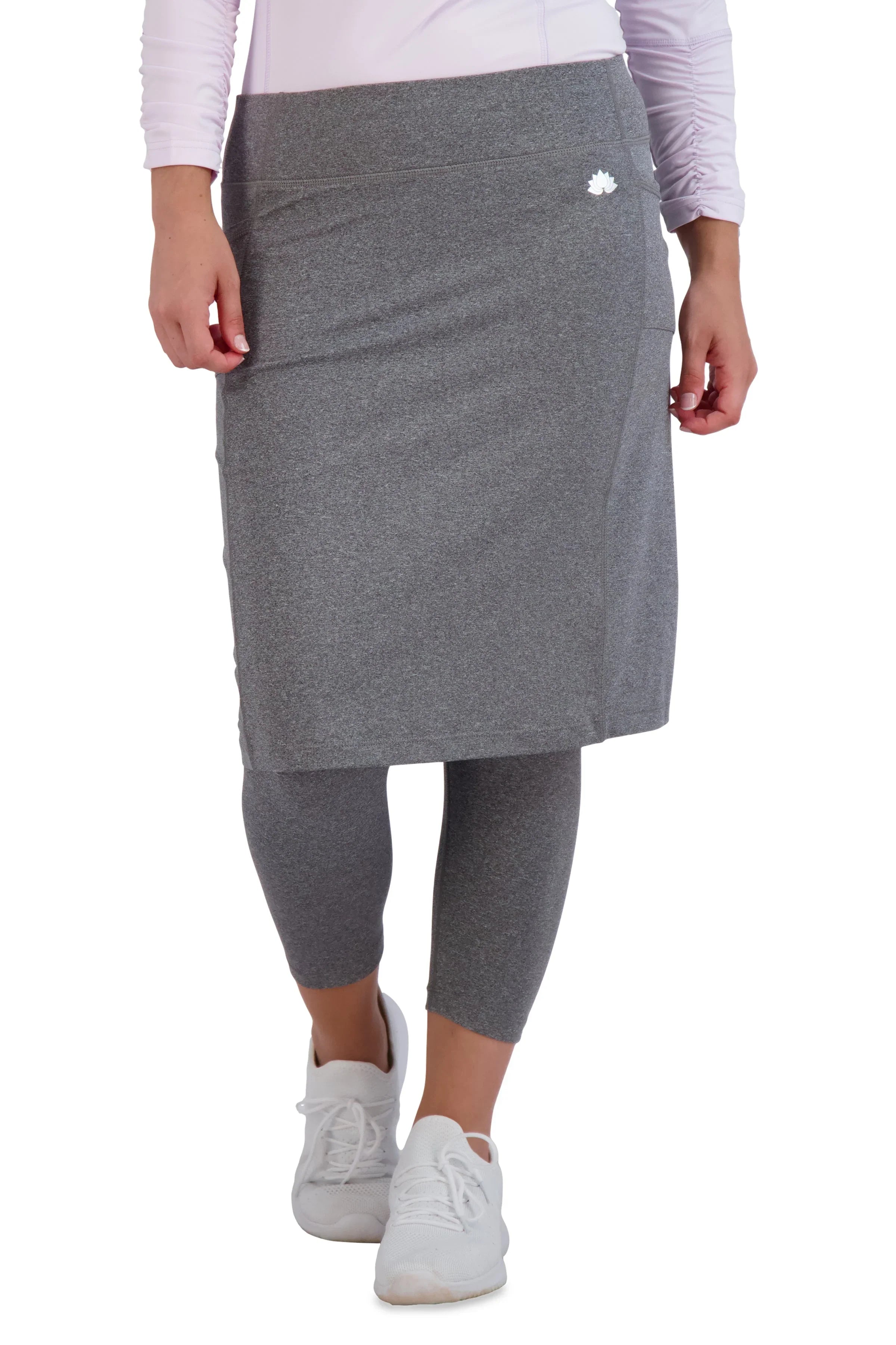 Snoga Athletics heather grey skirted leggings with double pockets, modest activewear style