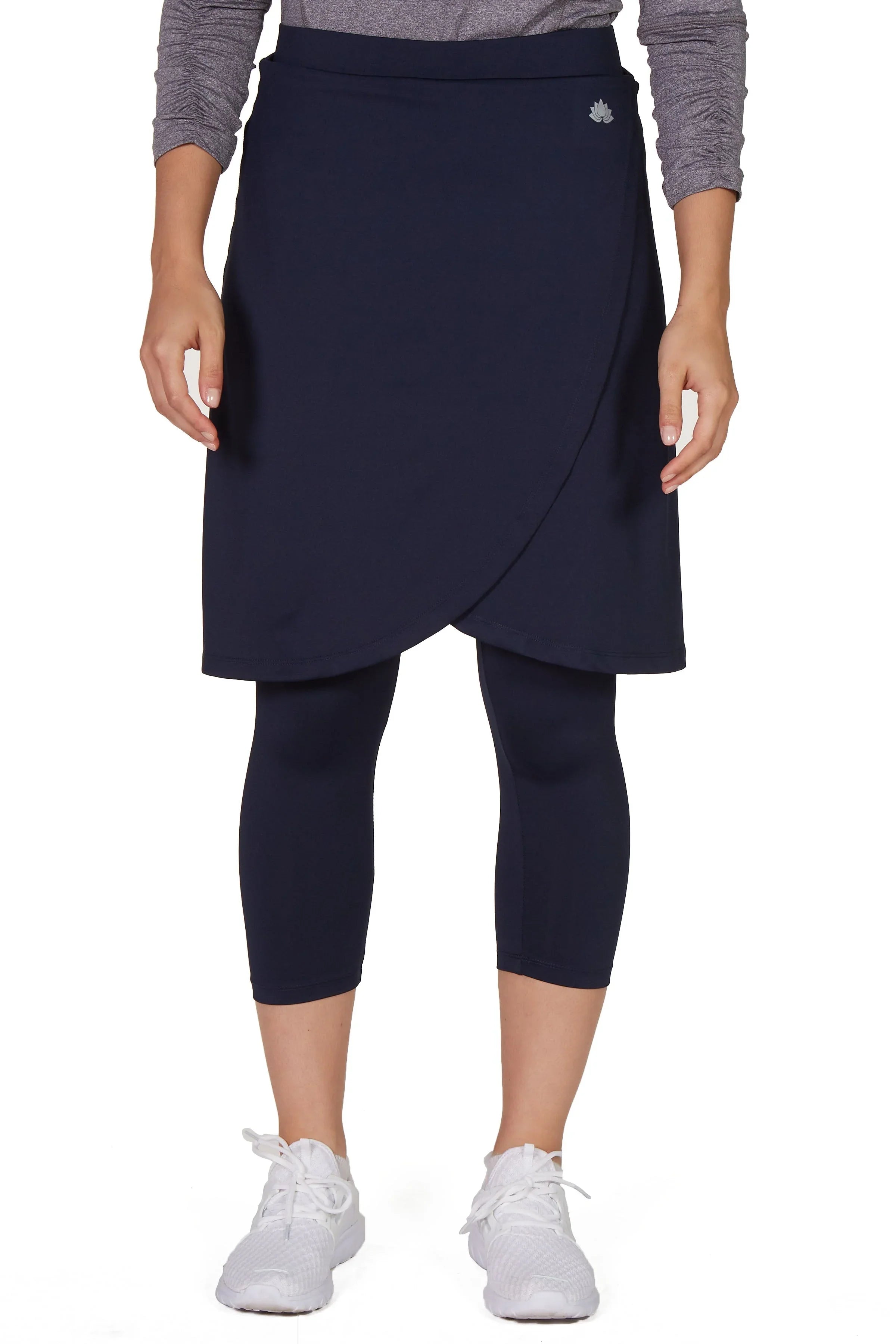 Snoga Athletics navy faux wrap athletic skirt with attached leggings, front view