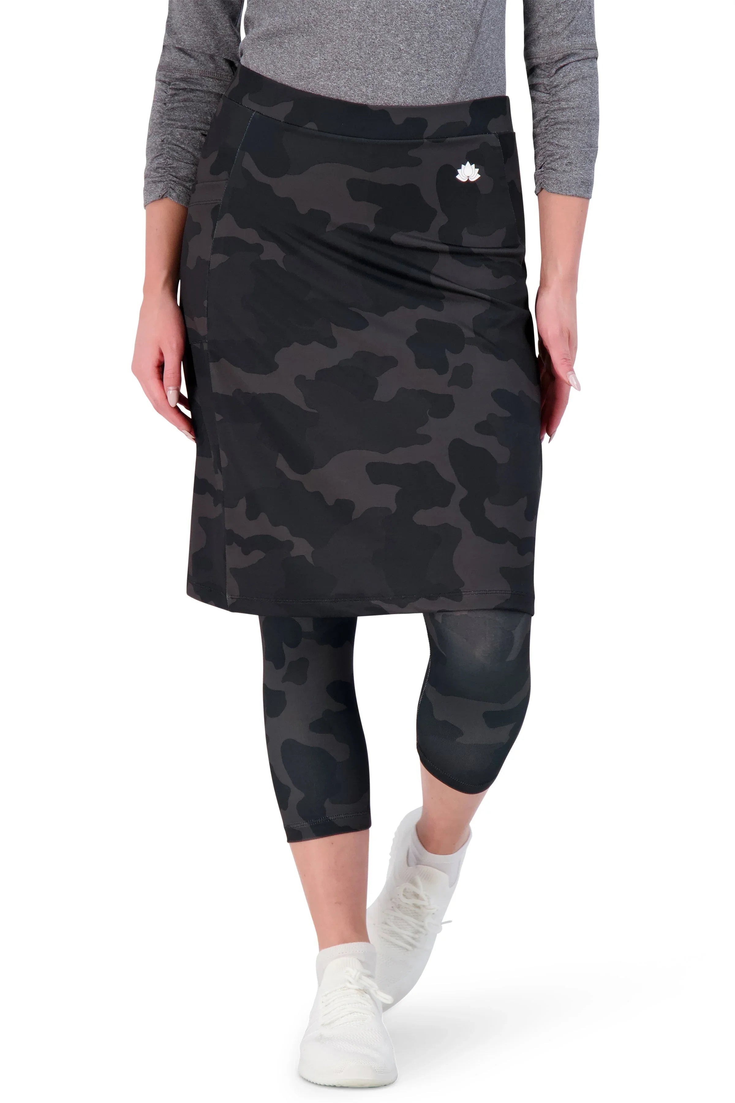 Snoga Athletics black camo modest skirt with attached leggings for activewear