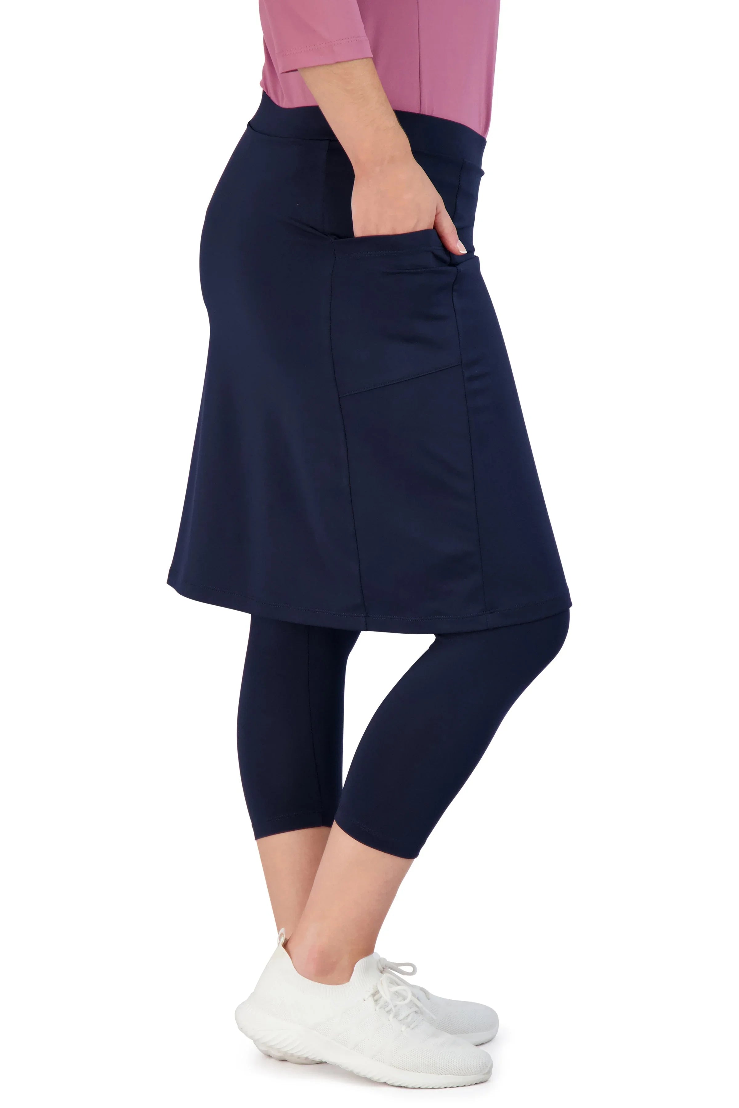 Snoga Athletics navy blazer modest skirt with attached leggings and side pocket, athletic wear