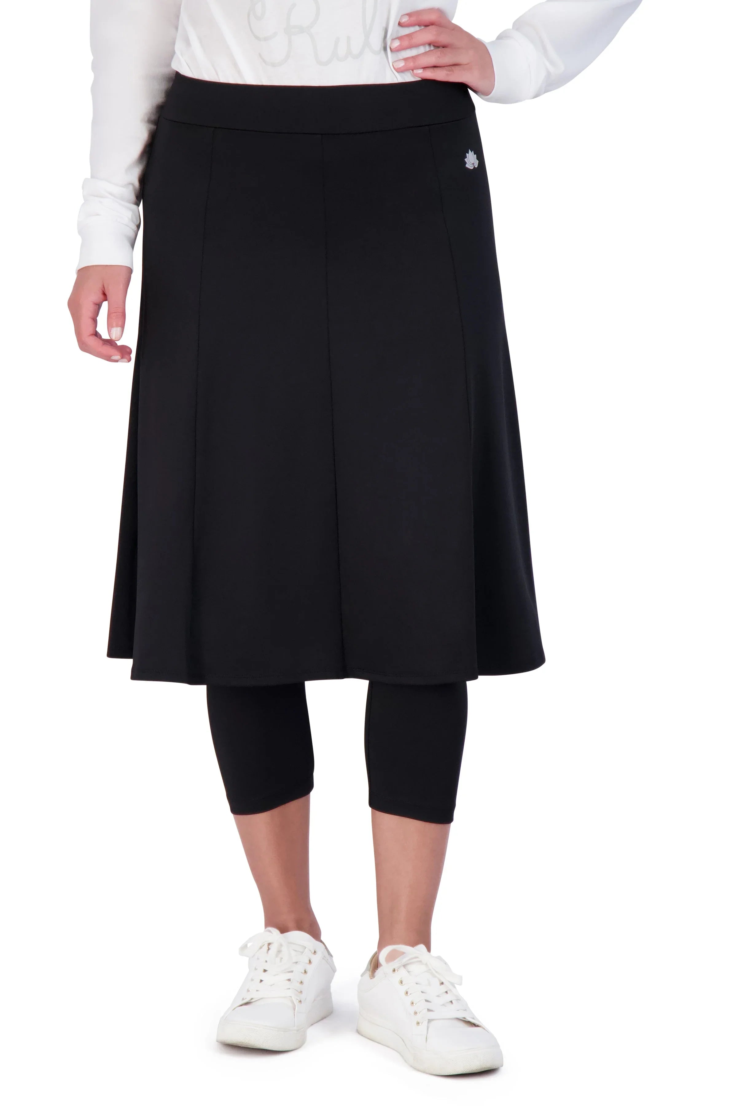 Snoga Athletics black modest activewear skirt with attached leggings, front view