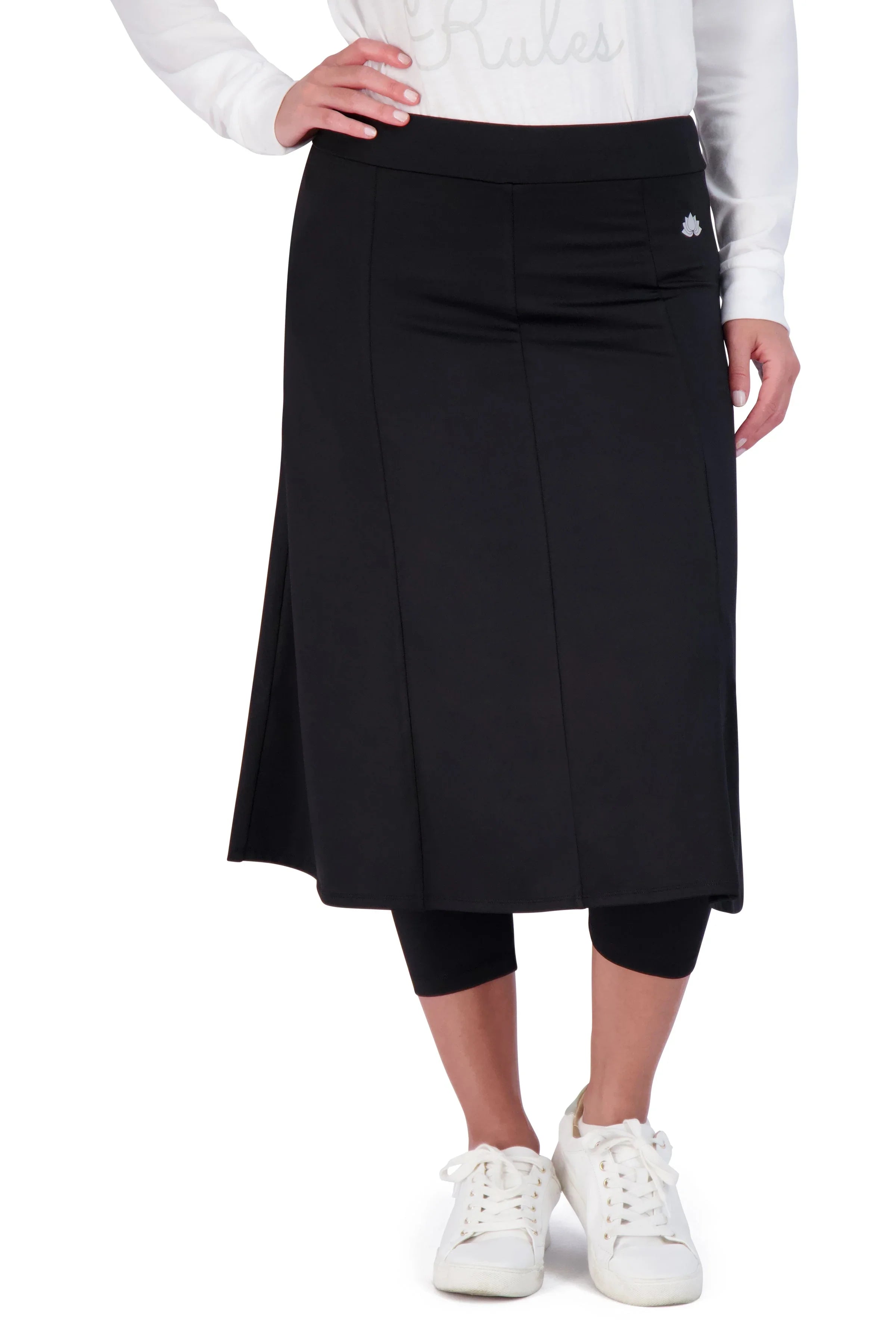 Snoga Athletics black modest skirt with attached leggings, front view on model