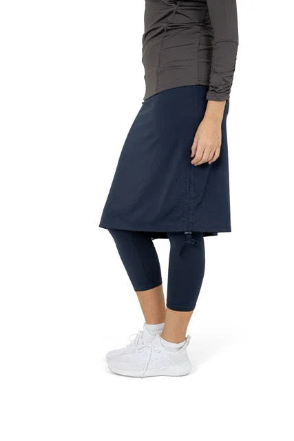 Snoga Athletics navy tie-side modest athletic skirt with attached leggings, side view