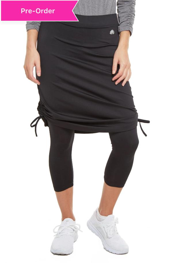 Snoga Athletics black tie-side modest skirt with attached leggings, front view