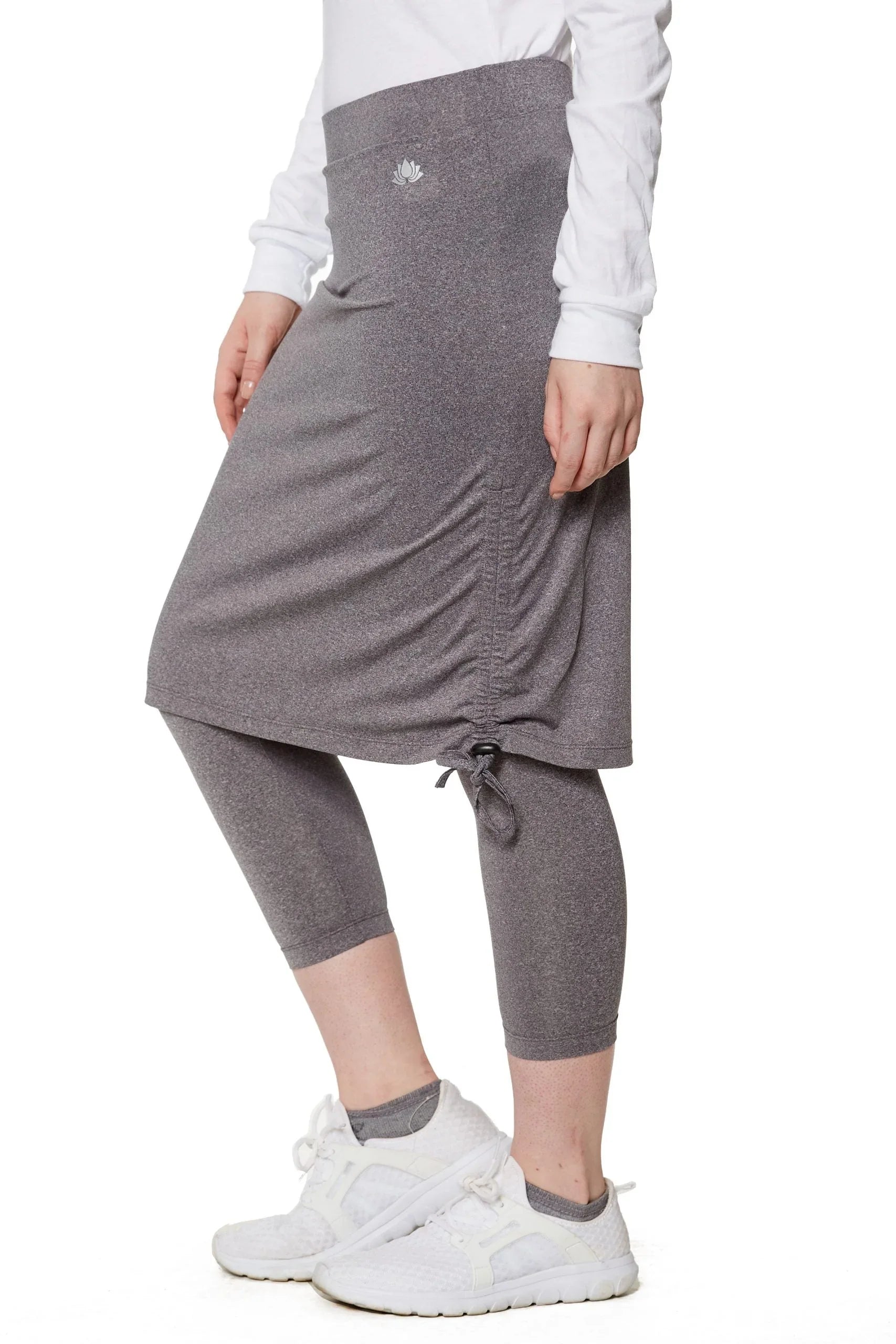 Snoga Athletics grey tie-side modest skirt with attached leggings, side bow detail