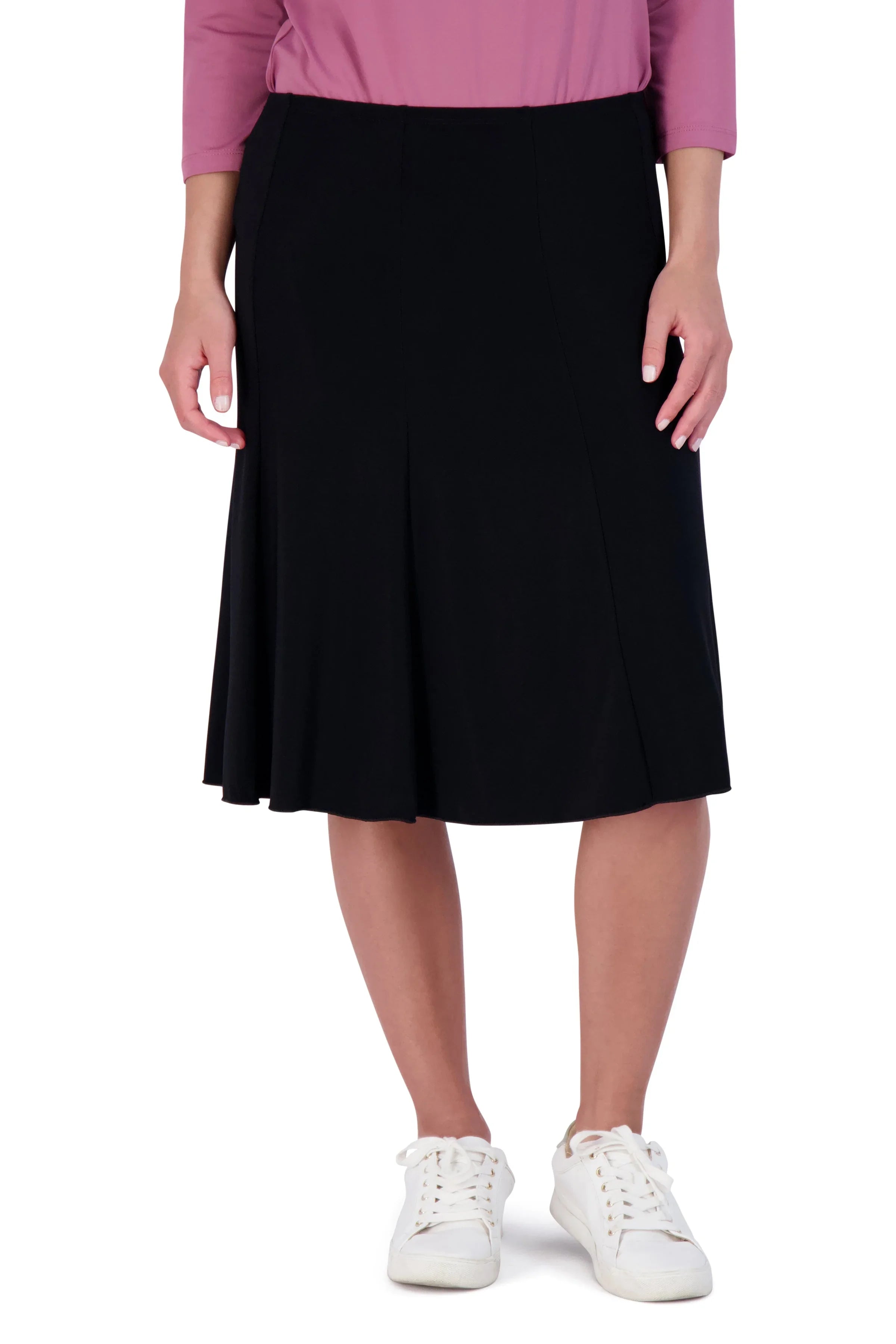 Snoga Athletics black twirly skirt, knee-length, flowy activewear, front view