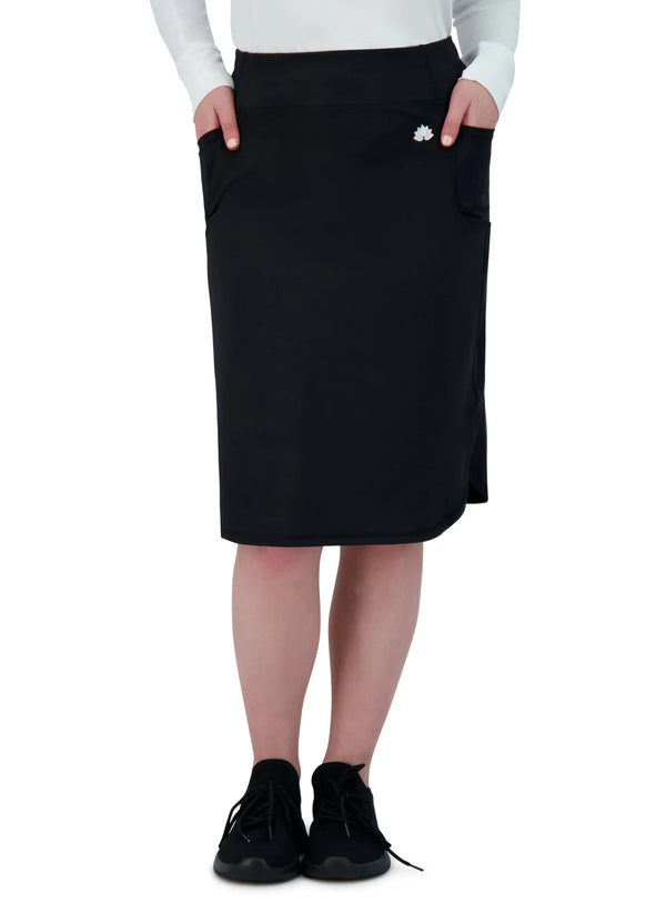Snoga Athletics black sport pocket skirt, knee-length, with logo and side pockets
