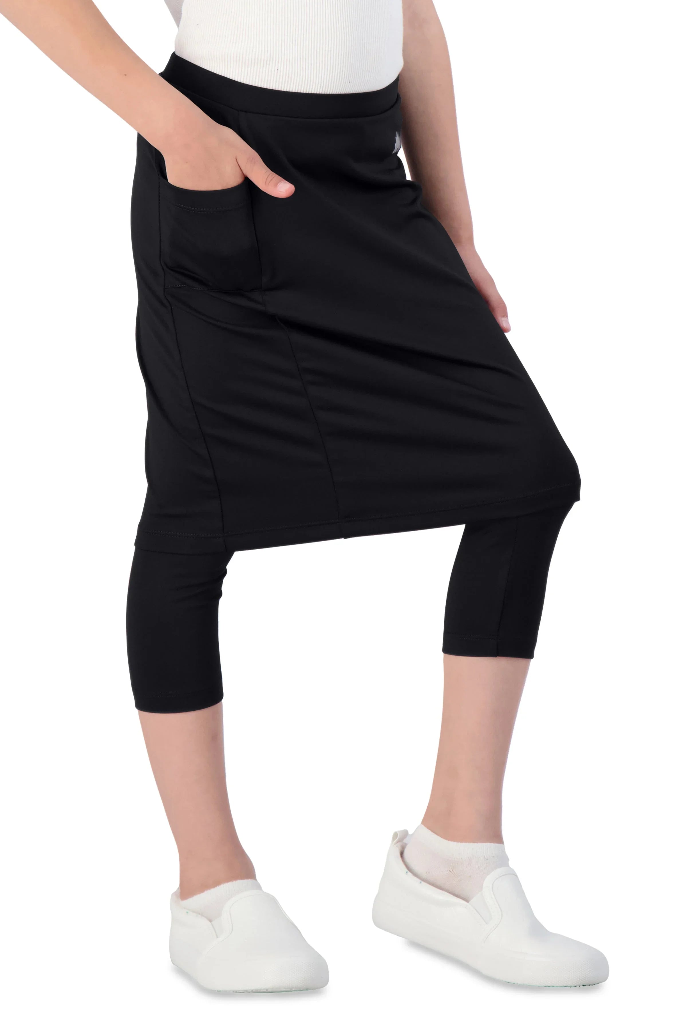 Snoga Athletics girls' black skirted leggings with pocket, modest activewear