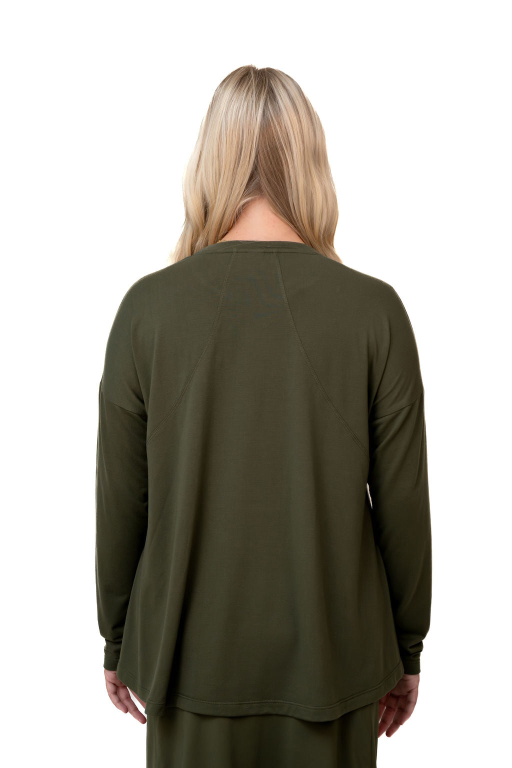 Snoga Athletics olive green long sleeve top shown from the back, modest activewear