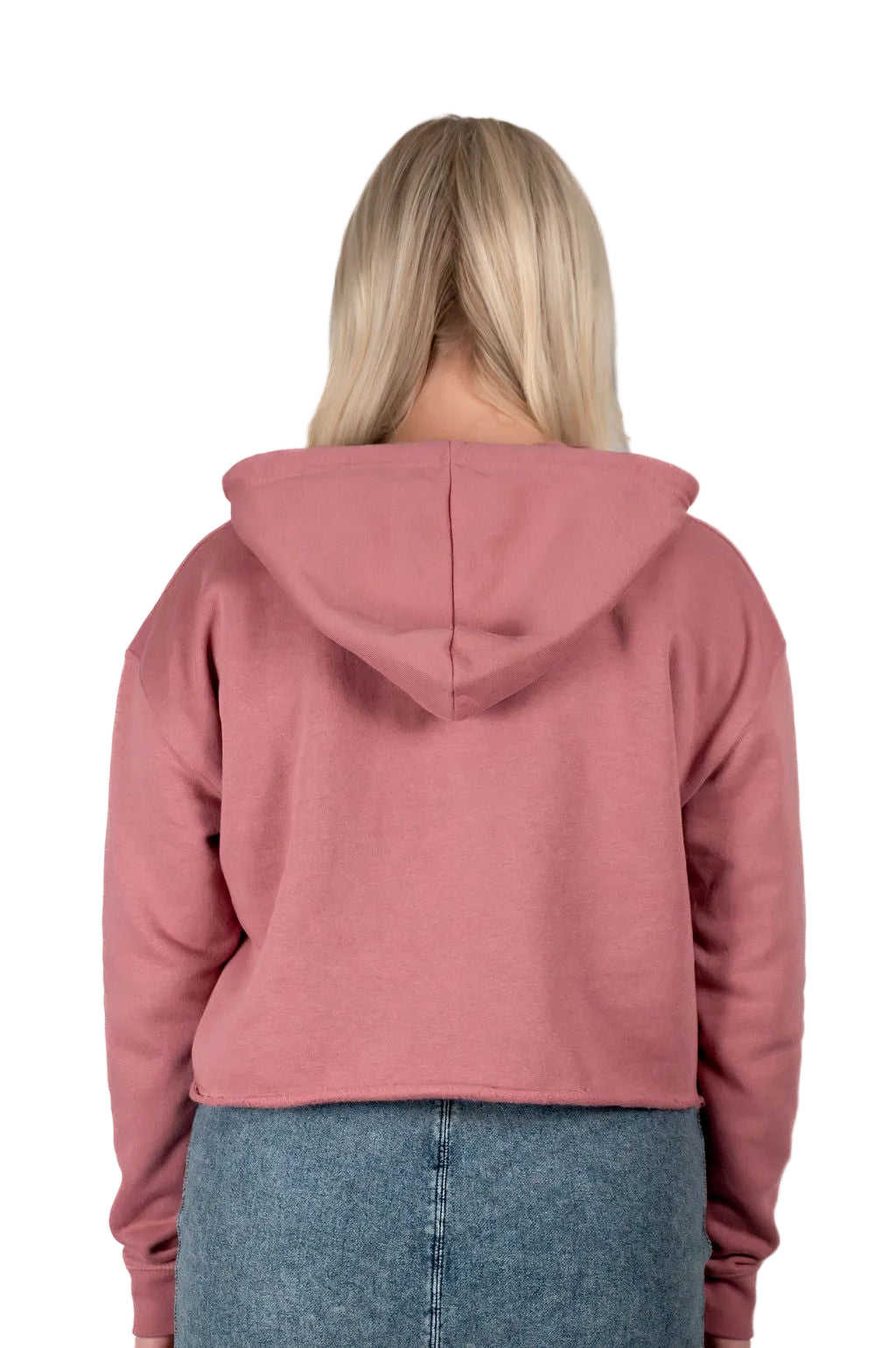 Snoga Athletics dusty rose cropped hoodie with hood and denim skirt, women's modest activewear