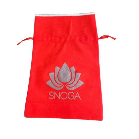 Snoga Athletics red drawstring pouch with lotus logo and white trim, isolated on white background.
